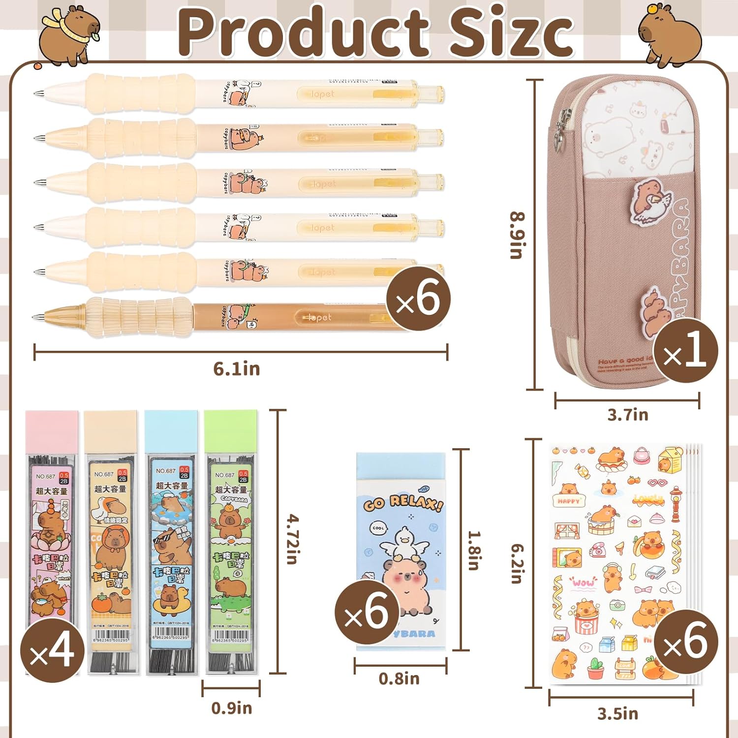 0.5 Mechanical Pencil Set, Panda Theme Pencil Pouch & Erasers & Lead Refill & Stickers Kit, Cute Pencil Case with Supplies, Mechanical Pencil with Grip, Automatic Pencils for Kids (Light brown)