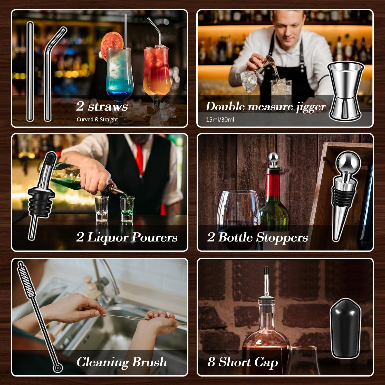 Bartender Kit Bar Set with Bamboo Stand, 35pcs 24oz Cocktail Shaker Set Cocktail Kit, Professional Stainless Steel Bar Tool Set, Whiskey Gift for Men Dad Black