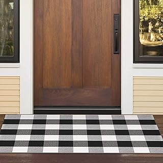 BreezsisanOutdoor Front Door Porch Rug Striped Black White Layering Under Doormat Rugs 2x4.3 ft. Cotton Woven Check Runner, Washable Carpet for Farmhouse Entryway Laundry Deocr