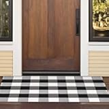 Outdoor Front Door Porch Rug 2x4.3 ft Front Door Rugs Stripe Black White Layering Under Door Mats Rugs. Cotton Woven Checkered Runner, Carpet for Farmhouse Laundry Welcome Deocr