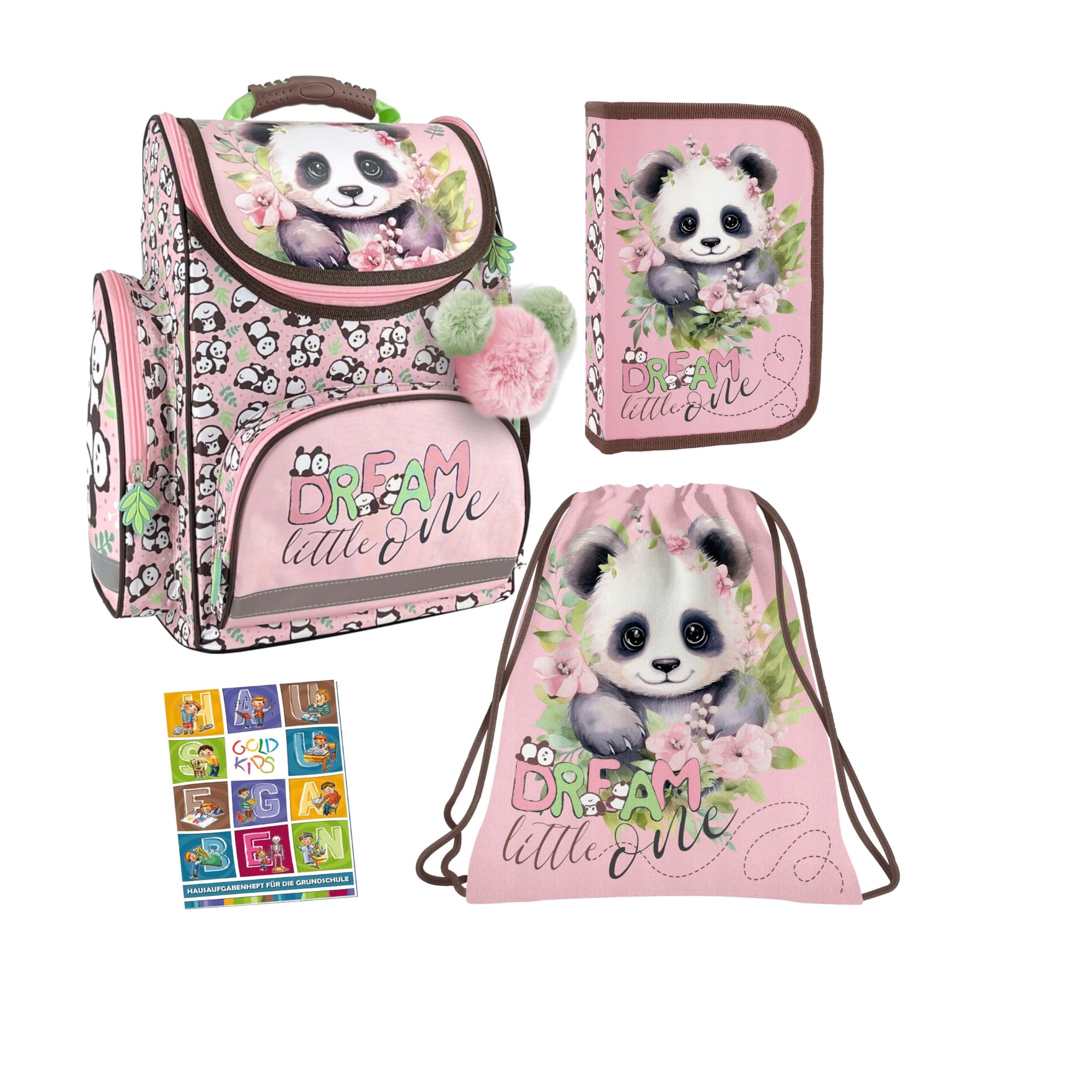 Goldkids - Mochila escolar para niños y niñas, juego de 4/6/8/15 - Mochila escolar para niños con estuche - Bolsa para zapatos y cuaderno de tareas - Diseño Panda - Clase 1-3