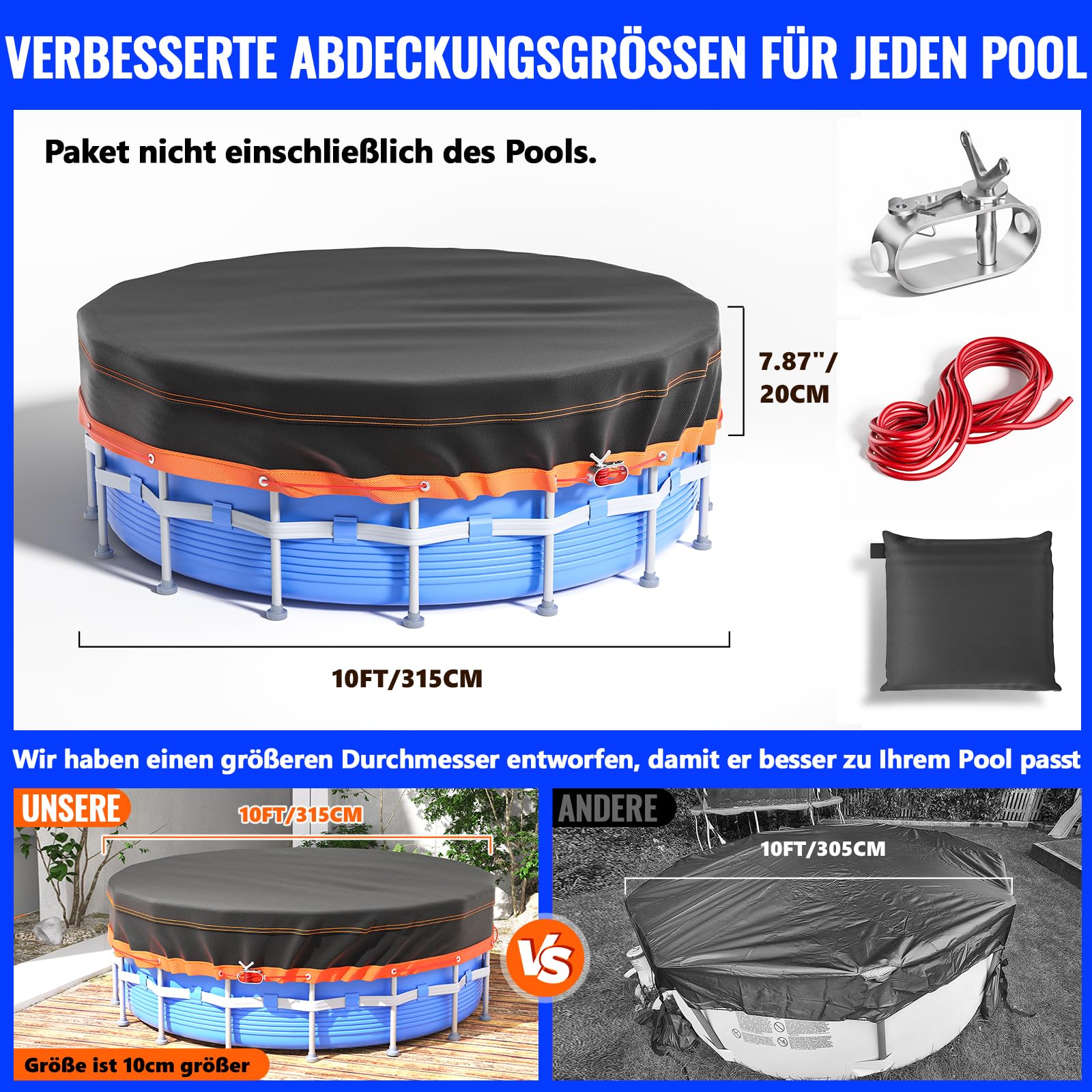 Poolabdeckung Rund 315cm, 10ft Poolabdeckung mit Kordelzug Whirlpool Abdeckung Schwimmbad Lagertank Abdeckplane, Wasserdicht Staubdicht Waschbar Oxford-Gewebe Stabilität Installation Schwarz