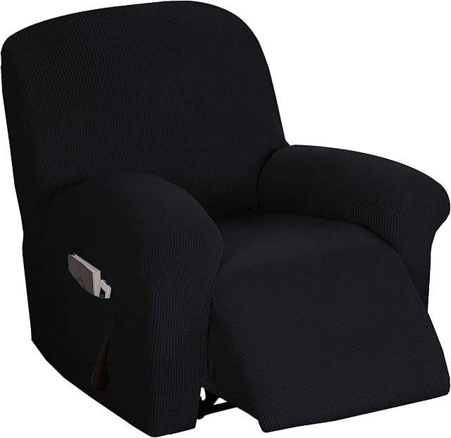 Stretch Recliner Cover Recliner Chair Covers for Living Room Recliner Chair Slipcover with Side Pocket, Thick Soft Small Checked Jacquard, Fitted Standard/Oversized Recliner, Black