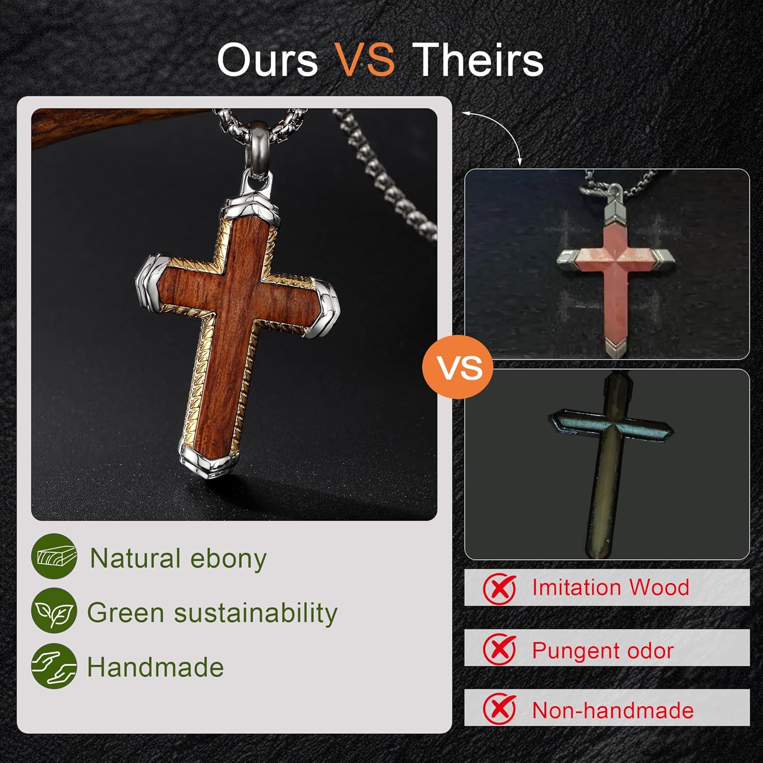Wooden Cross Necklace for Men Ebony Christianity Cross Necklace with Steel Adjustable Box Chain 24-26 Inches Christmas Gifts - Image 3