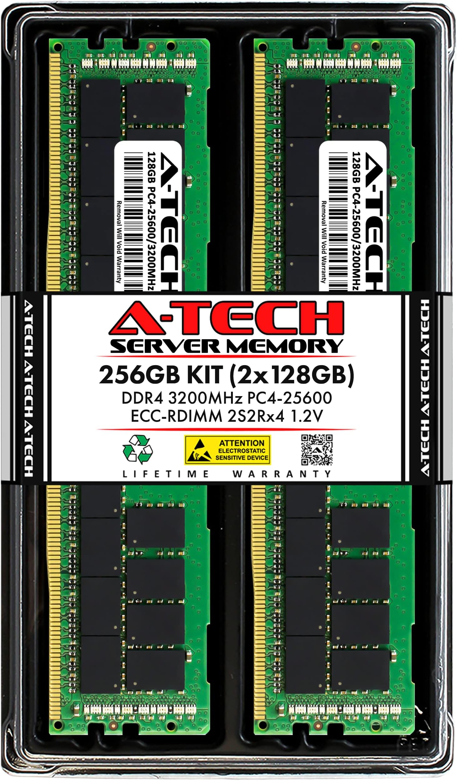 A-Tech 256GB Kit (2x128GB) DDR4 3200MHz PC4-25600 ECC RDIMM 4Rx4 (3DS 2S2Rx4) Quad Rank 1.2V ECC Registered DIMM 288-Pin Server & Workstation RAM Memory Upgrade Modules (A-Tech Enterprise Series)