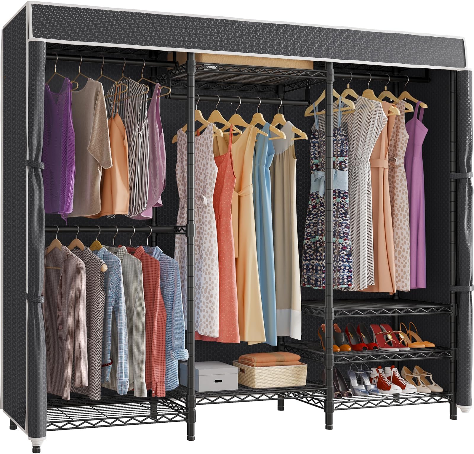 V5C Heavy Duty Covered Clothes Rack Portable Closet Rack, Black Metal Clothing Rack with Black Upgarded Polyester Cover, Adjustable Custom Freestanding Closet Wardrobe, Max Load 800LBS