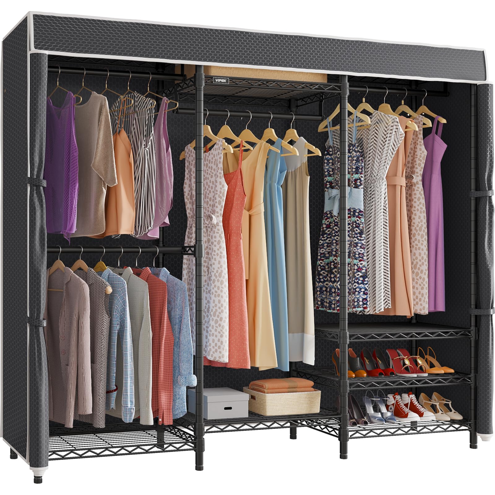 VIPEK V5C Heavy Duty Covered Clothes Rack Portable Closet Rack, Black Metal Clothing Rack with Black Upgarded Polyester Cover Cover, Adjustable Custom Freestanding Closet Wardrobe, Max Load 800LBS