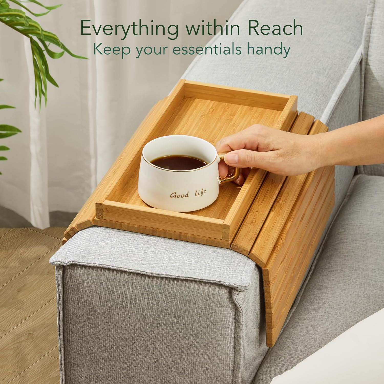DETOR Couch Tray with Spacious 12.4" x 5.4" Storage Box, Natrual Bamboo Finish, Enhanced Non-Slip Felt Bottom, Sturdy Bamboo Slats, Fits Armrests 6" and Wider