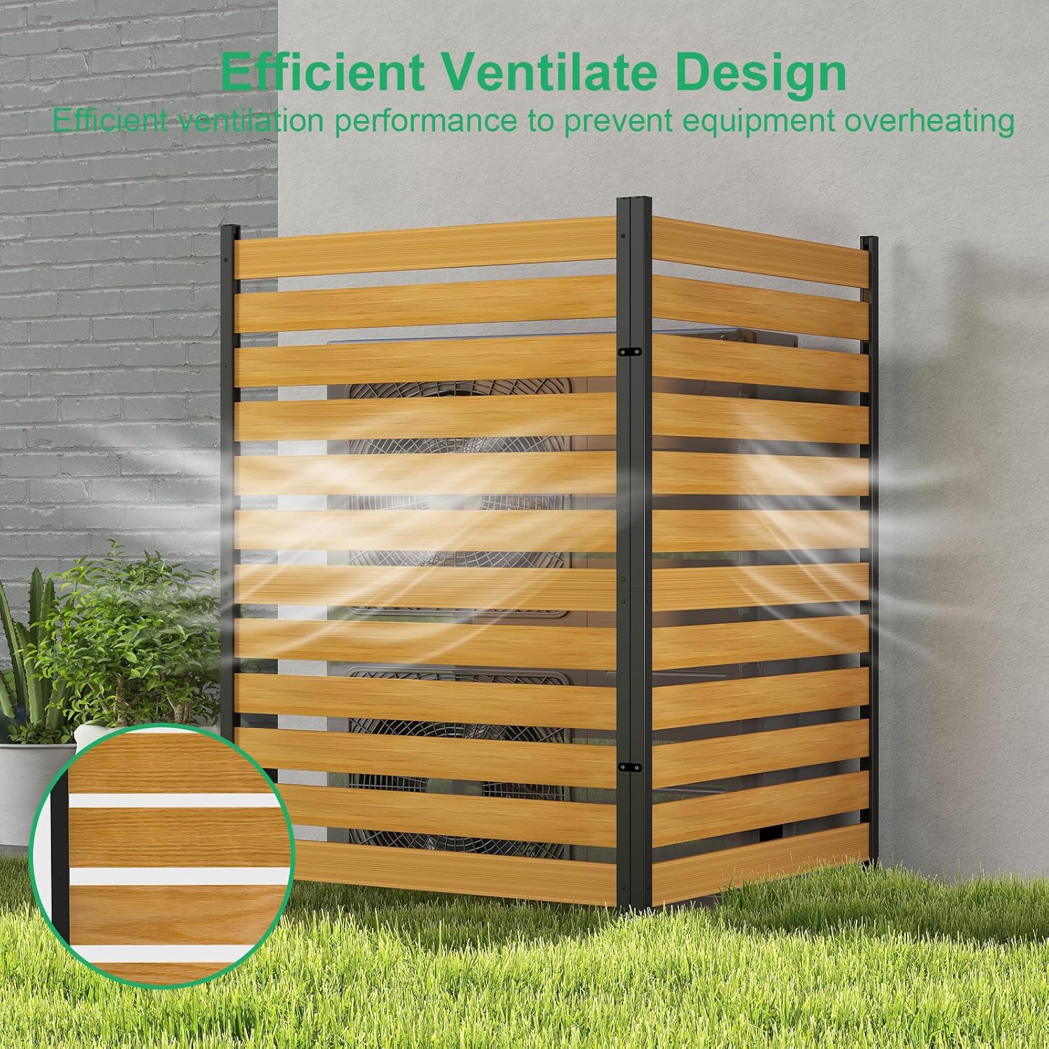 DoCred privacy fence providing efficient ventilation for an air conditioner unit.
