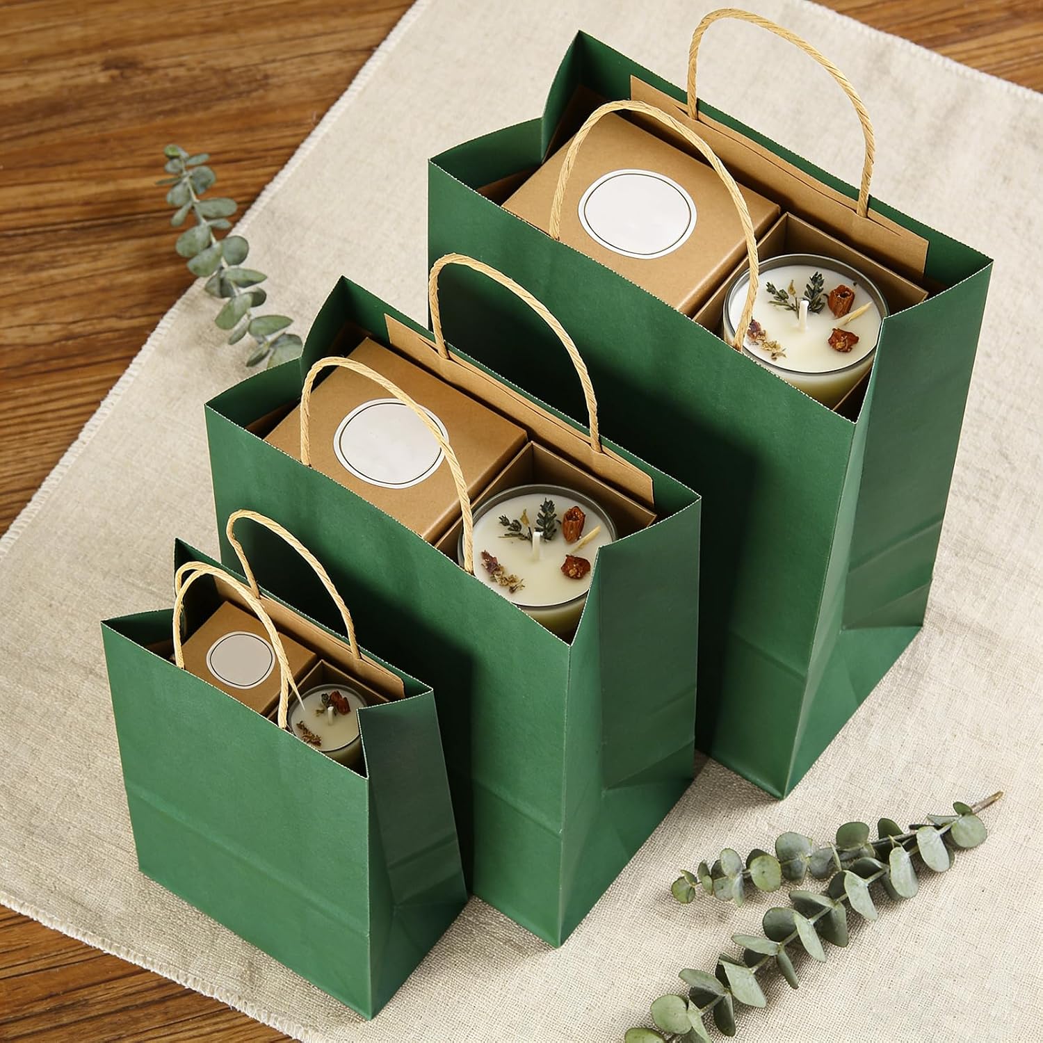 apott Green Kraft Paper Bags with Handles 36Pcs Gift Bags Recyclable for DIY Wedding Birthday Party Takeouts Retail Grocery, 3 Assorted Sizes