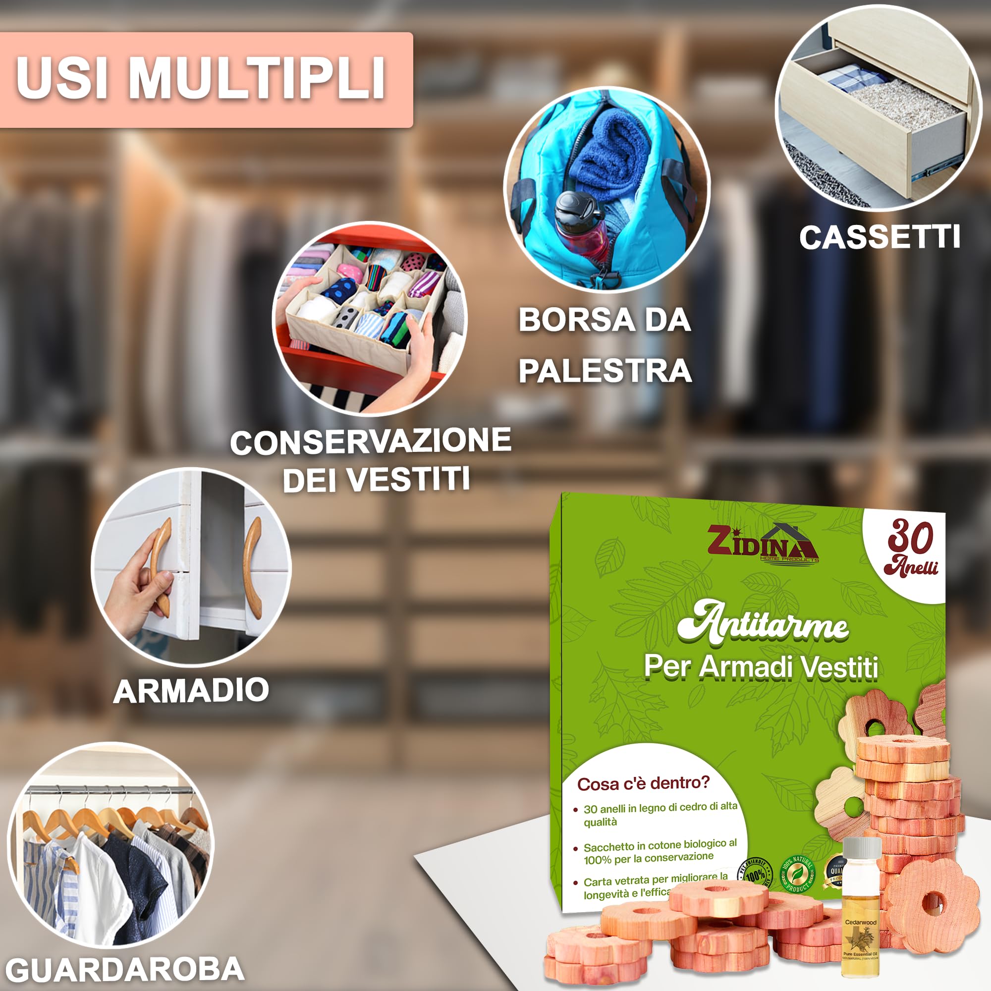 48 Pezzi Antitarme per Armadi Vestiti, Cedro Antitarme con Carta vetrata, 100% Naturale Anti Tarme per Armadio Tessuto, Anelli Floreali in Cedro Antitarme Naturale per Anti Tarme Armadio e Cassett