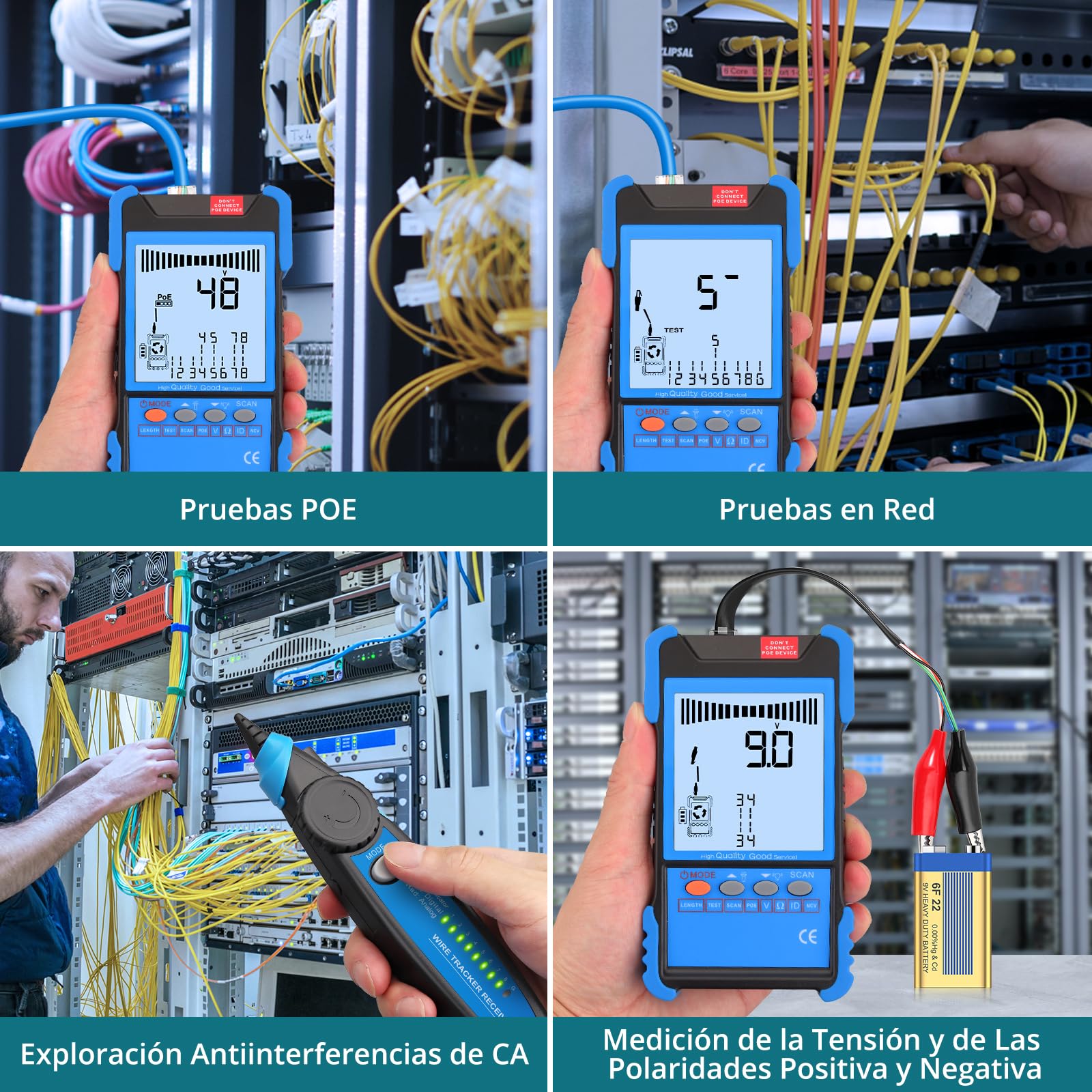 Probador de Cable con POE, Cableado Digital y Analógico, Multifunción Probador de Cable de Red NVC,Buscador de Líneas Cable CAT5 CAT5e CAT6 Cat7 Cat8 para Tensión de la Batería