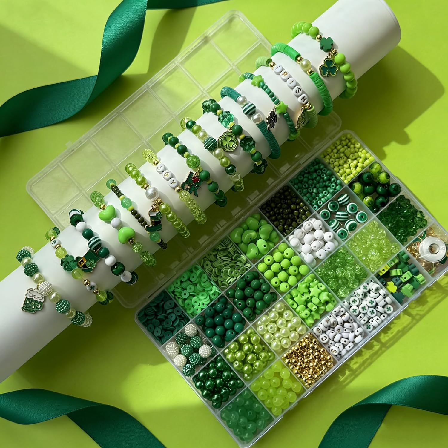 2336Pcs St. Patrick's Day Bracelet Making Kit, 28 Style Green Clay Beads Acrylic Round Bead Charms Bracelet Kit for Jewelry Making Pearl Plastic Heishi Bead for Crafts