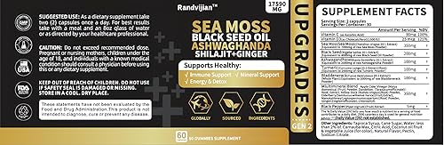 Miniatura 7 de Complejo de musgo marino con aceite de semilla negra, Ashwaghanda, Shilajit y jengibre, 60 gomitas, 17590 mg, apoyo inmunológico y energético