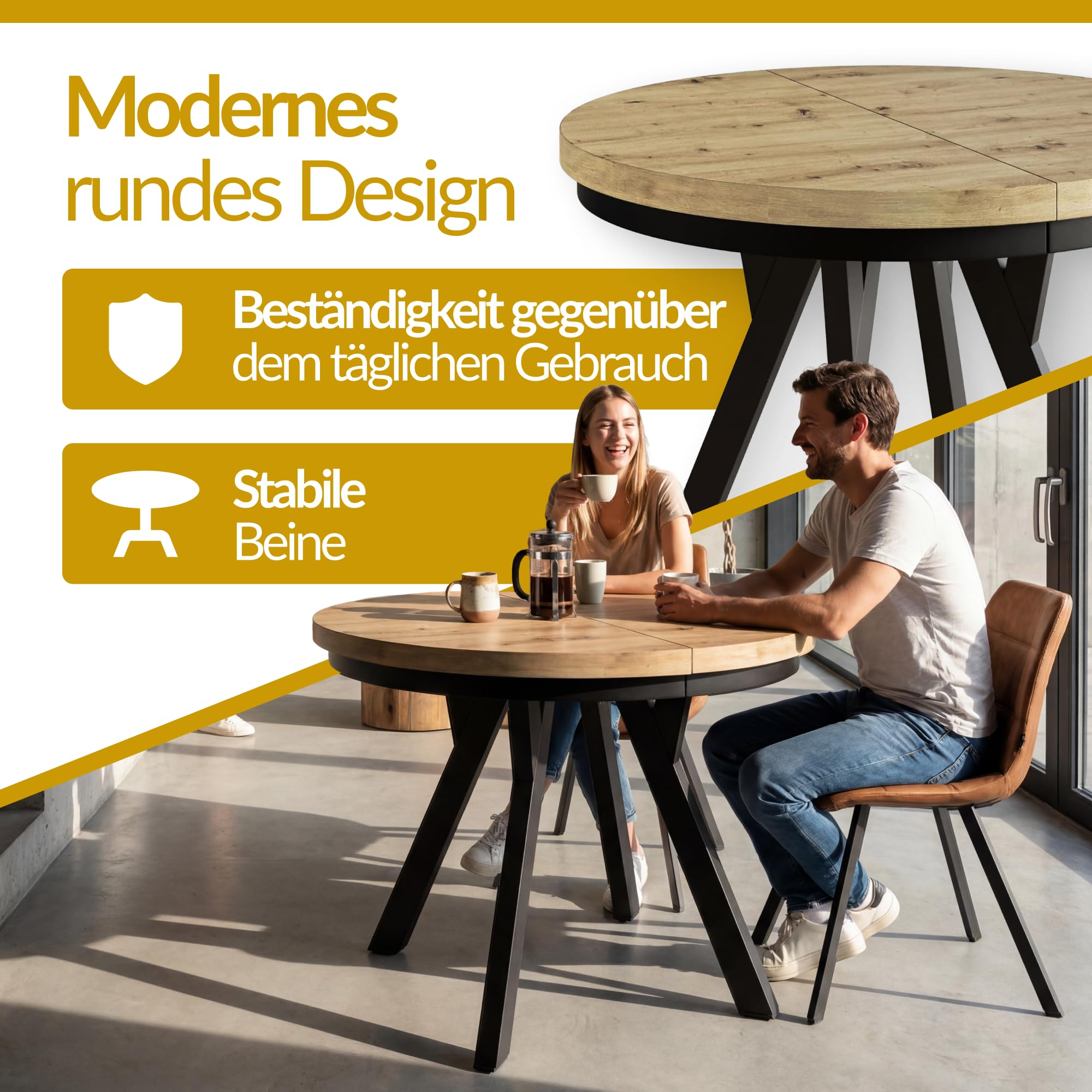 Esstisch Ausziehbar Evo, Stabile Konstruktion, 120-220cm, Graphit | Runder Tish, Moderner Wohnzimmertisch und Küchentisch, Schwarze Beine