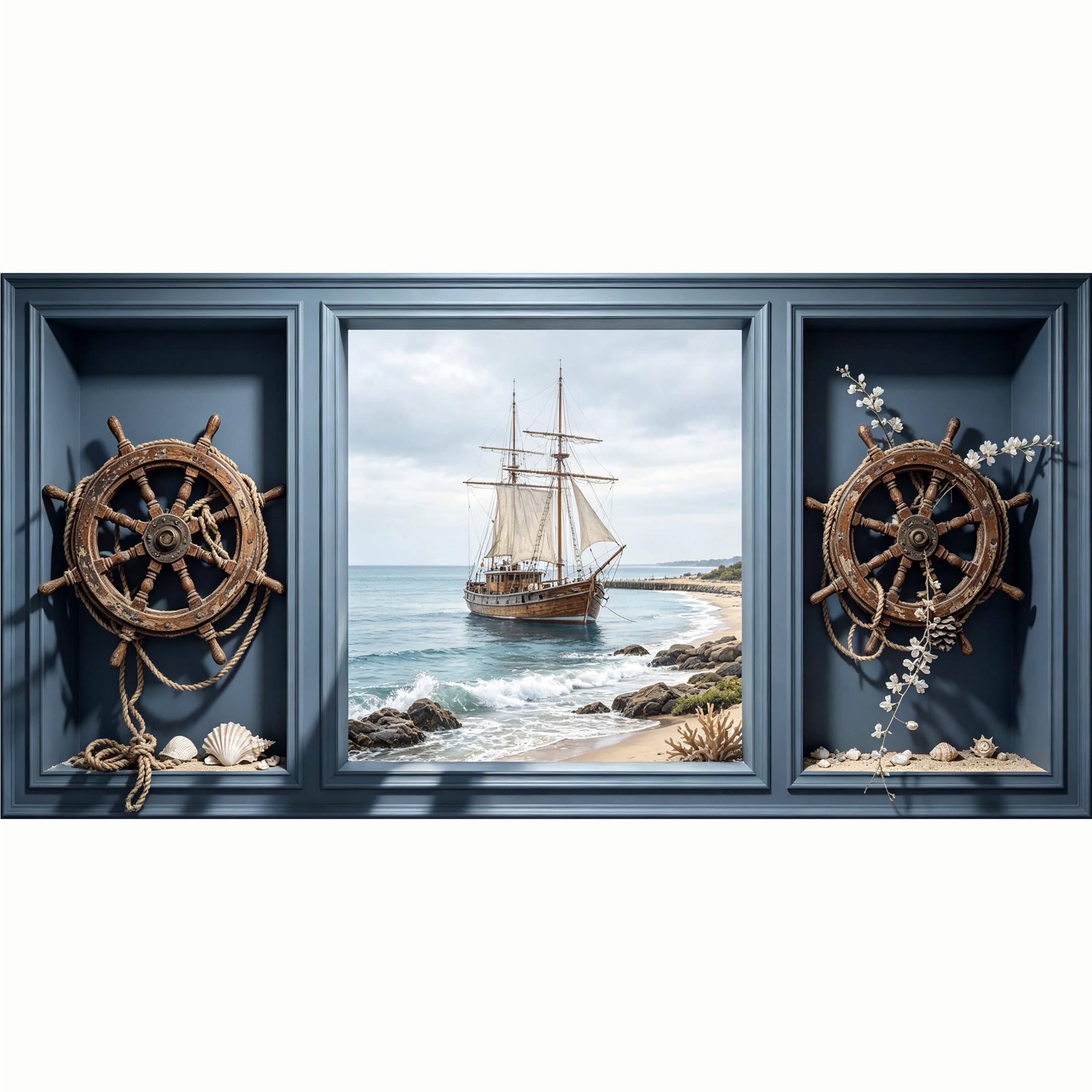 QZLITHOTIC 50x100cm 3D Framed Wall Art， Coastal Sailing Ship Nautical Decor Self‑Adhesive Mural， Water‑Activated Peel & Stick Fabric Decor Wall Decal for Bedroom Living Room