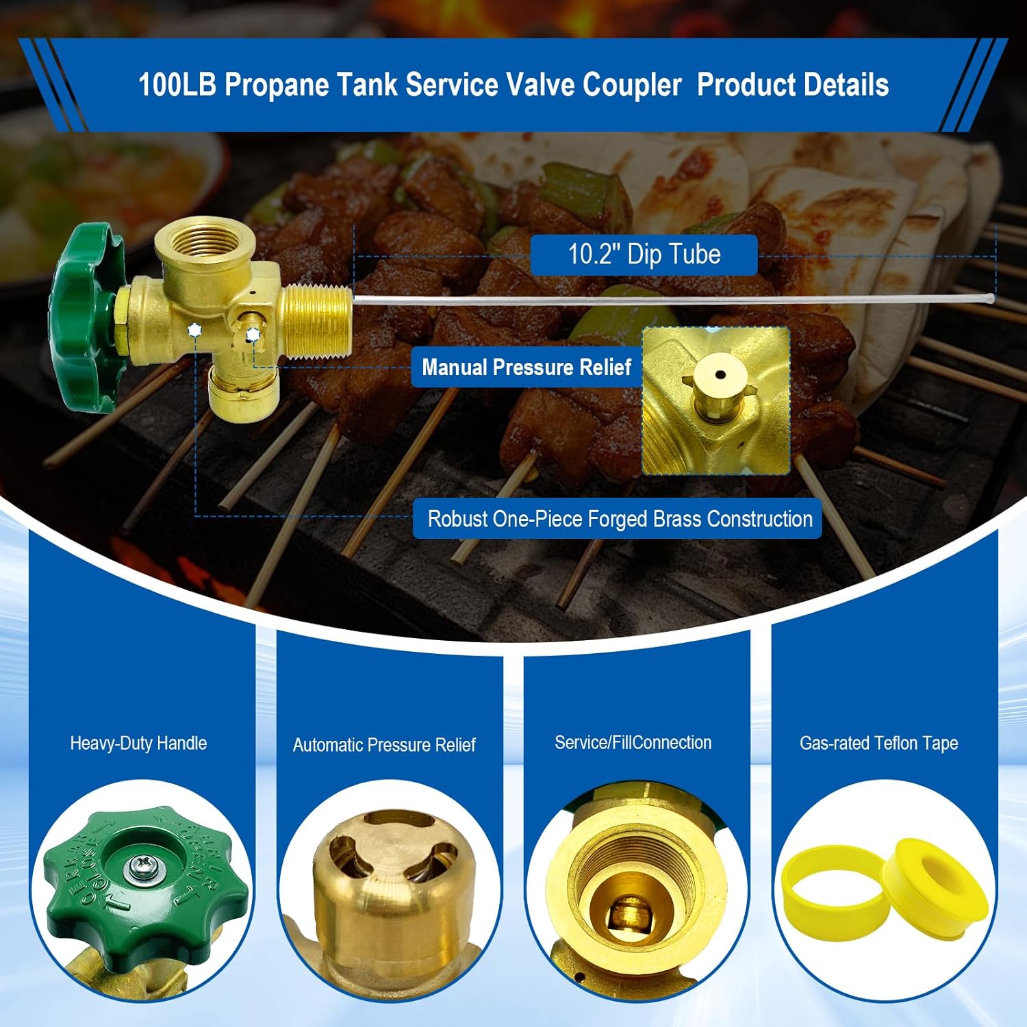 Propane Valve,100LB Propane Vapor Tank Service Valve Coupler with Manual & Automatic Bleeder Valve, POL Connection, Heavy Handle,10.2" Dip Tube–Fits for Grill,Heater,RV,Fryer,Outdoor Propane Setups.