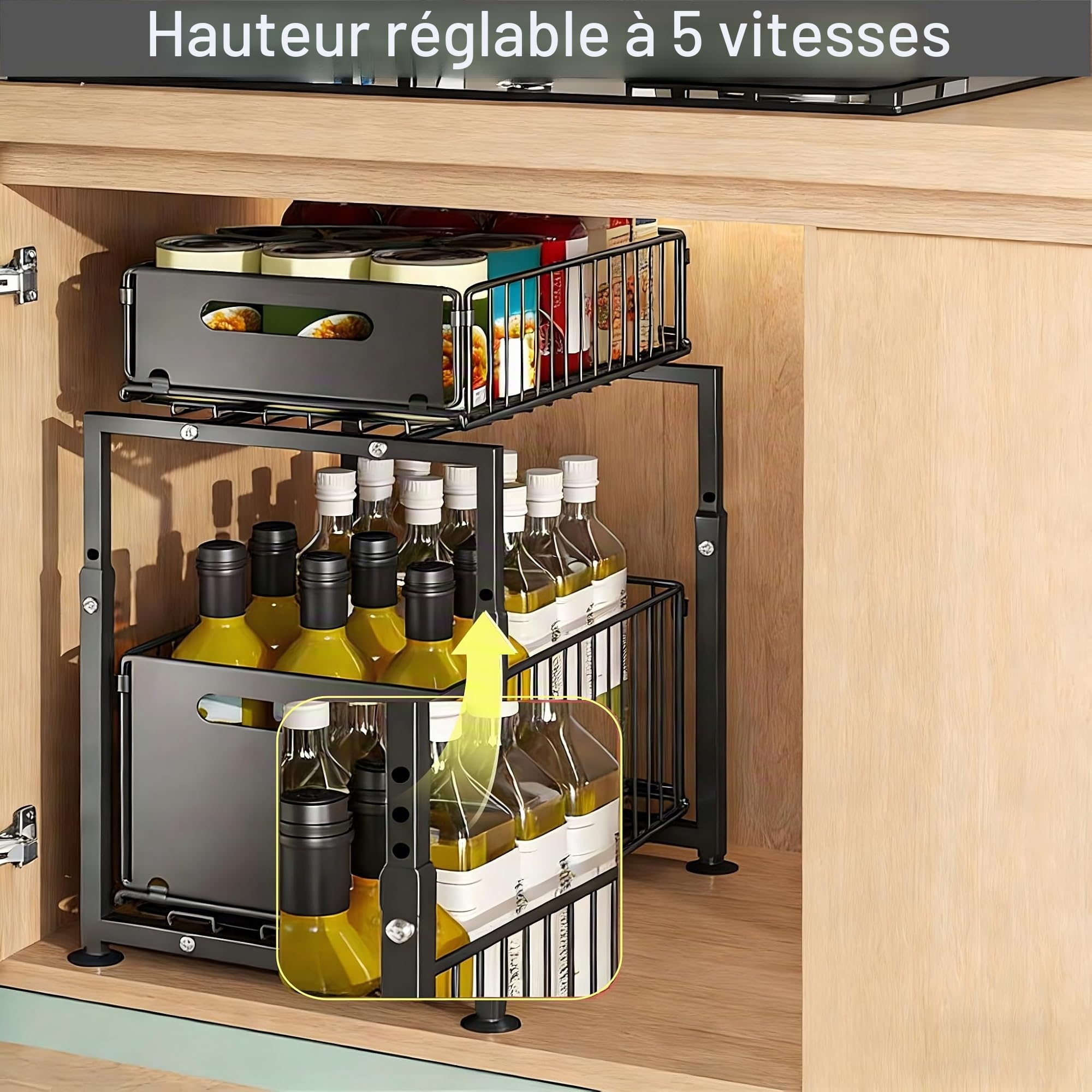 Étagère de Rangement Sous Évier en Métal 2 Niveaux, Tiroir Coulissant Organisateur Placard Cuisine Salle de Bain, Rangement Gain de Place Plan de Travail