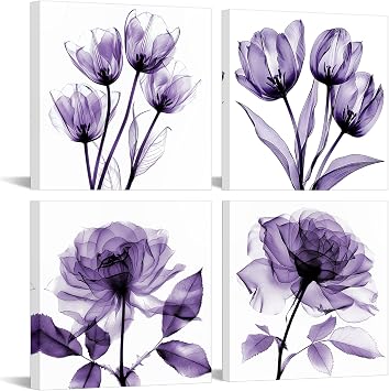 iKNOW FOTO 4pcs X-Ray Purple Flower Wall Art Print Set - Minimalist Floral Plants Photography, Glam Relax Posters, 12x12 Each for Living Room, Bedroom, Office Decor Purple