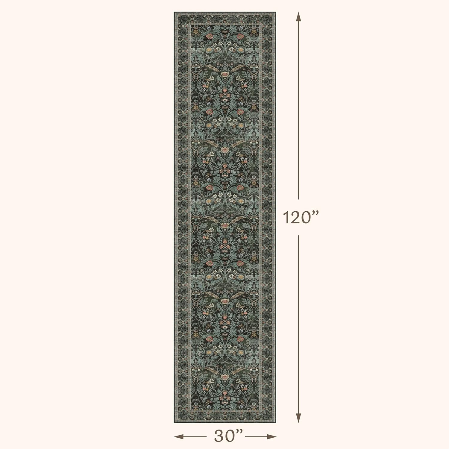 Dark Green 2'6"x10' Hallway Runner Rug - Washable Non Slip 10ft Wide Long Runner Rugs for Kitchen Entryway Indoor Vintage Floral Low Pile Stain Resistant Carpet
