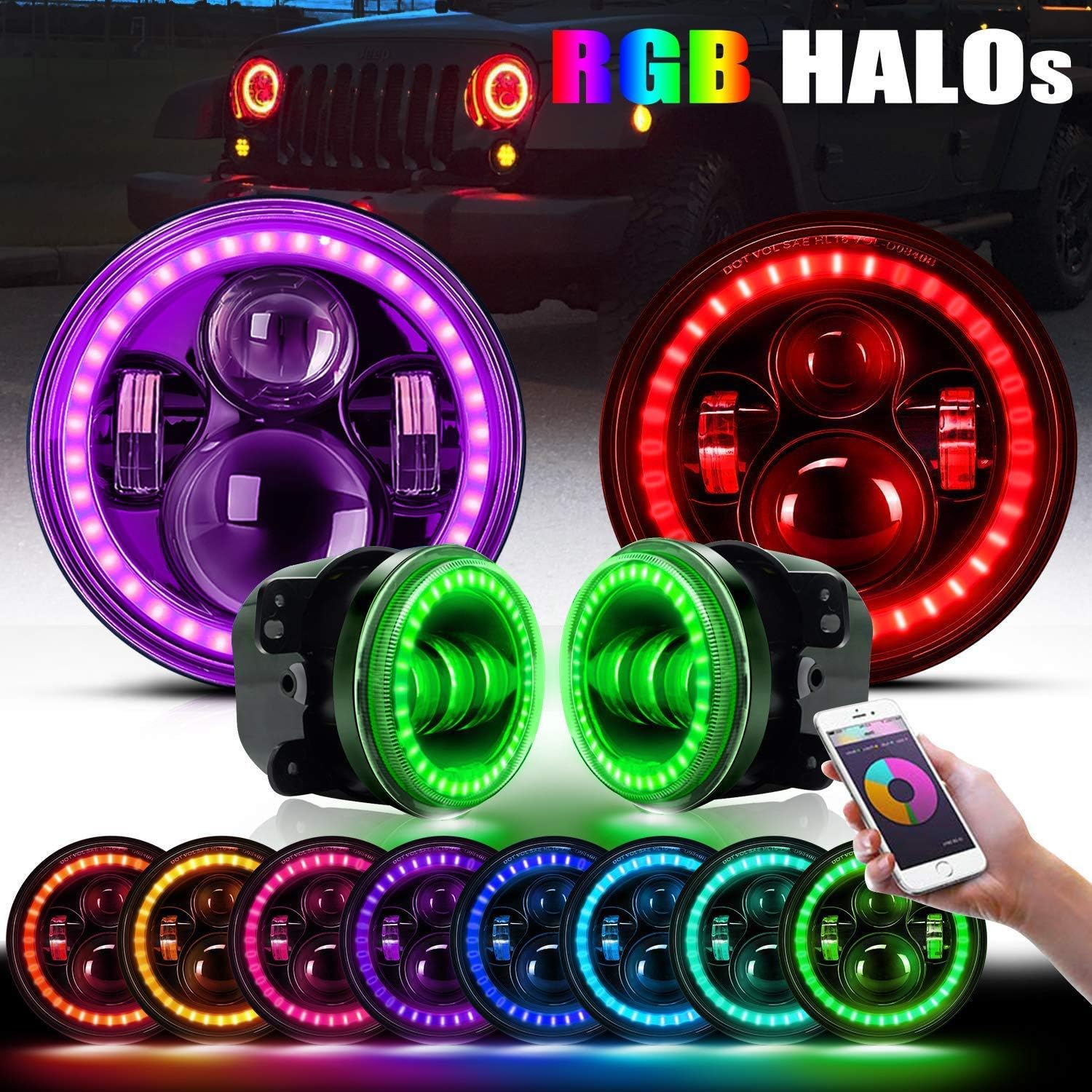 7" RGB Halo Headlights + 4" RGB LED Fog Lights Halo Ring Amber Combo Kit For 1997-2019 JK Rubicon TJ LJ Wheeler Sahara, Bluetooth Remote Control