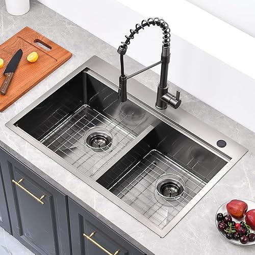 Miniatura 6 de ALWEN Fregadero de cocina doble de 33 pulgadas, color negro, hecho a mano, con estación de trabajo de montaje superior, calibre 16, fregadero de