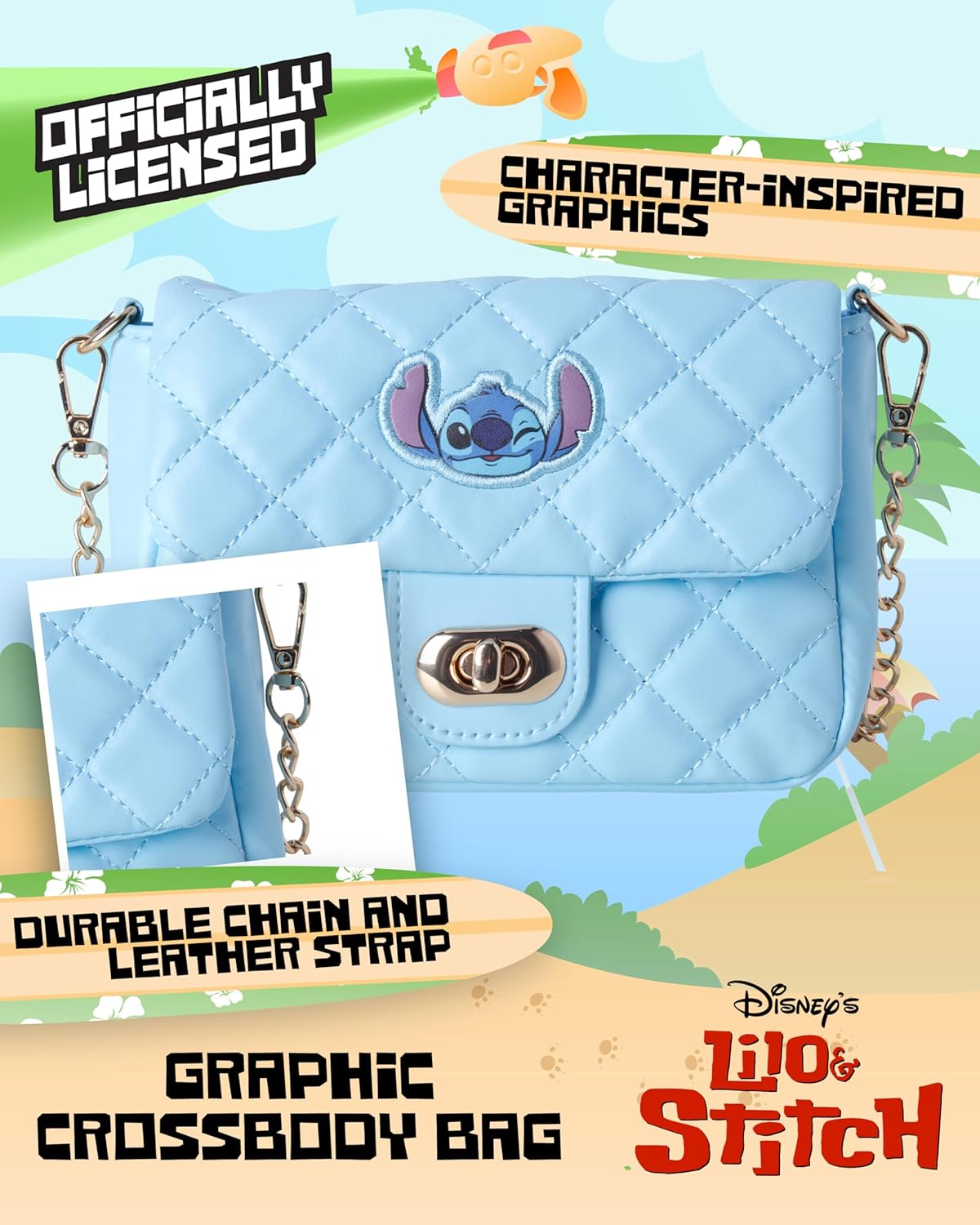 Fast Forward Disney Stitch Crossbody Bag - Quilted Mini Purse and Shoulder Sling Crossbody Bag for Girls, Size One Size, Stitch Blue Flap