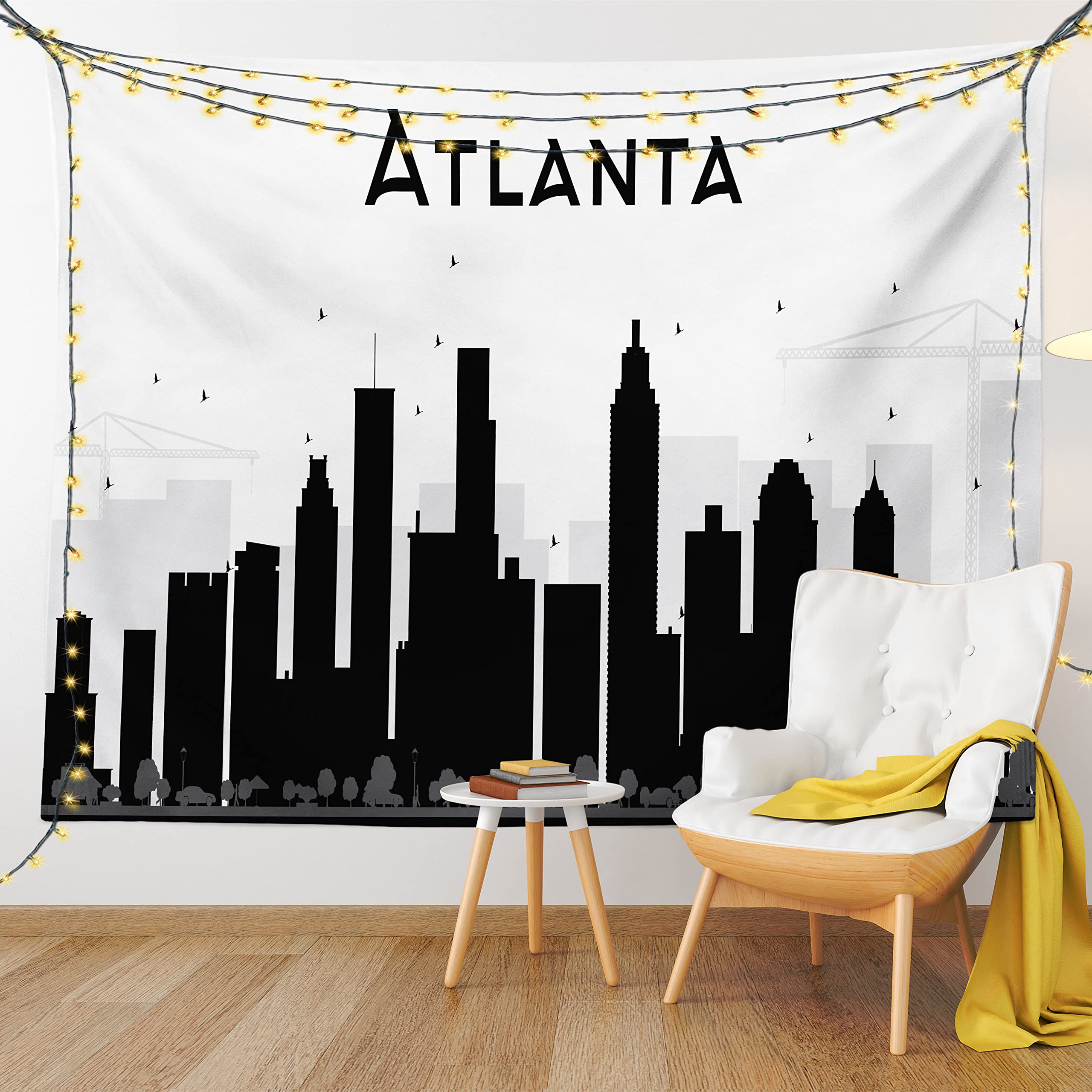 Lunarable Atlanta Tapestry, Monochrome Silhouettes of Buildings in Georgia Traveling Theme Skyscrapers, Fabric Wall Hanging Decor for Bedroom Living Room Dorm, 45
