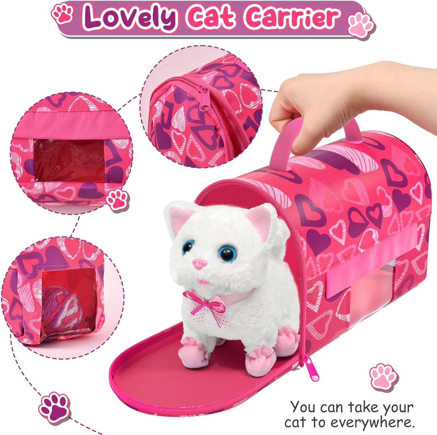 Golray Cat Toys for Kids Girls Gift, Electronic Interactive Plush Toy Cat Can Walk and Meow - 16 Pcs Carrier & Pet Groom Feed Care Pretend Play Set, Birthday Gift for Toddler Little Girl 3 4 5 6 7 8 9 - Image 4