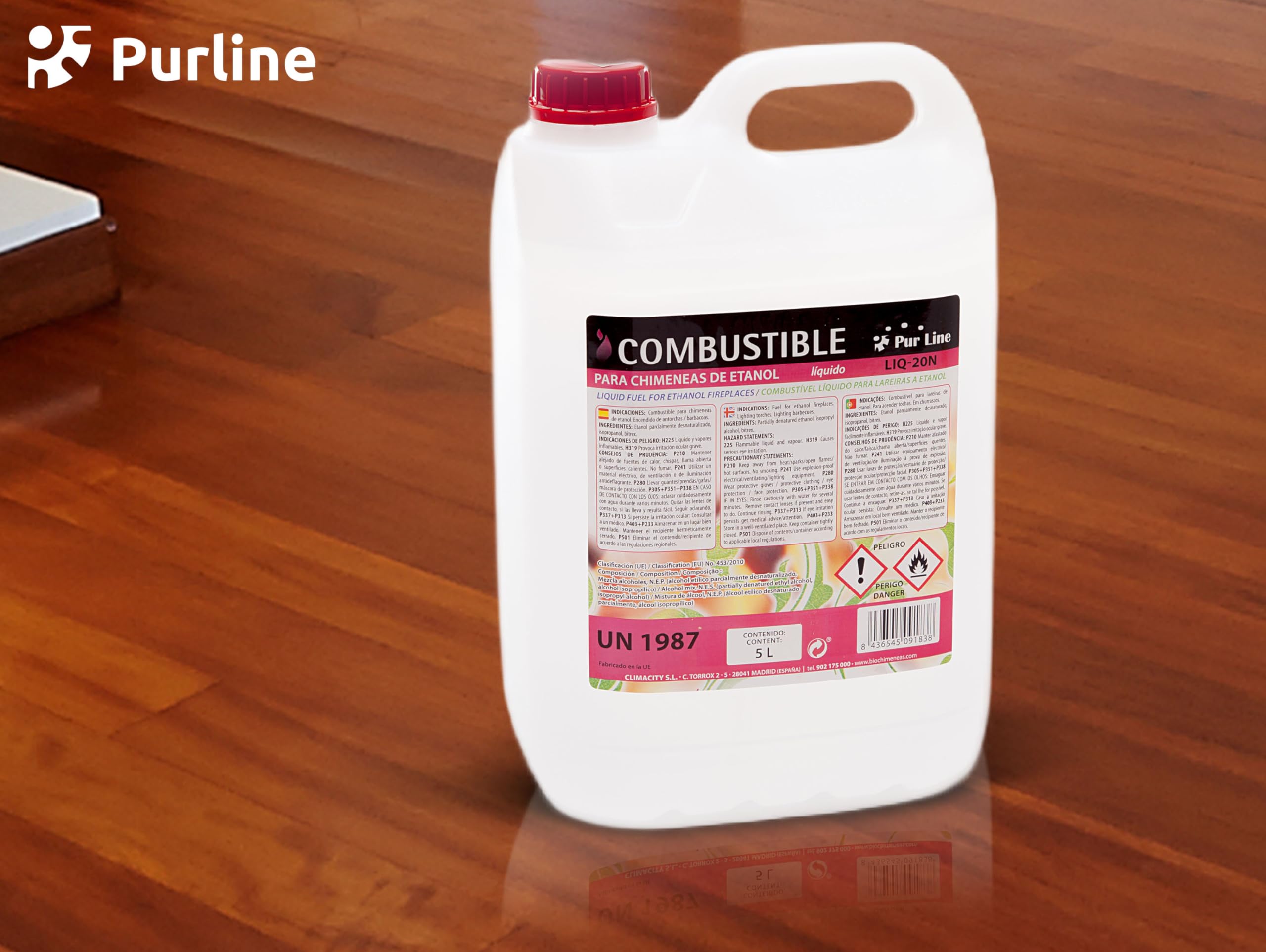 PUR LINE | Bioetanol 5L 96% Combustible para Chimeneas y Estufas, Sin Humo y Alta Combustión - Bioetanol Líquido para Biochimeneas, Quemadores y Uso Interior/Exterior