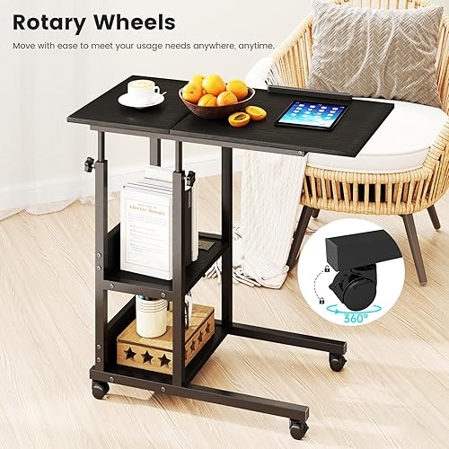 Miniatura 3 de Hadulcet Mesa auxiliar en forma de C ajustable, mesa C ajustable en altura con ruedas y estantes de almacenamiento para sofá cama, reclinable, gris