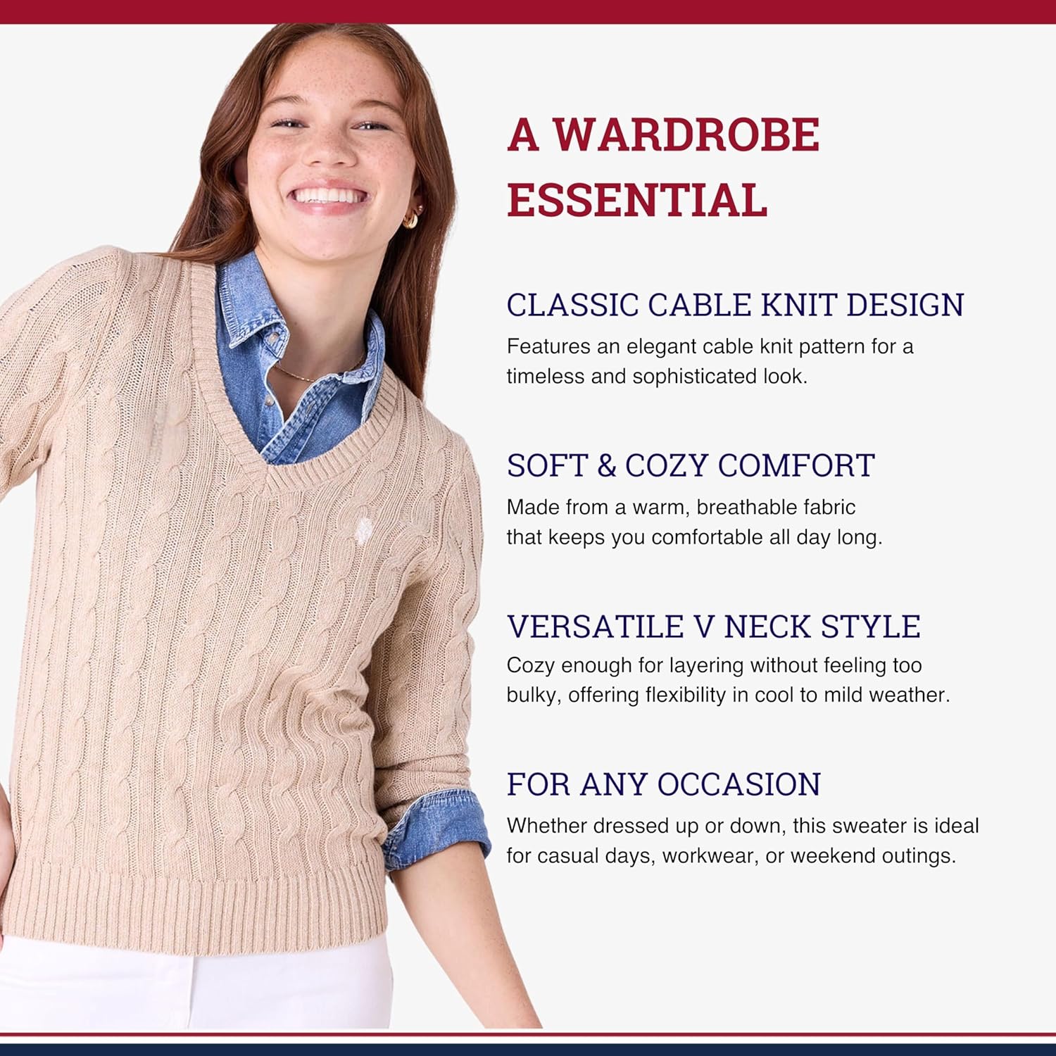 U.S. Polo Assn. Women's Cable Sweater - Soft Knit, Embroidered Pony Logo, Ribbed Trims, Casual Cozy Pullover - Image 4