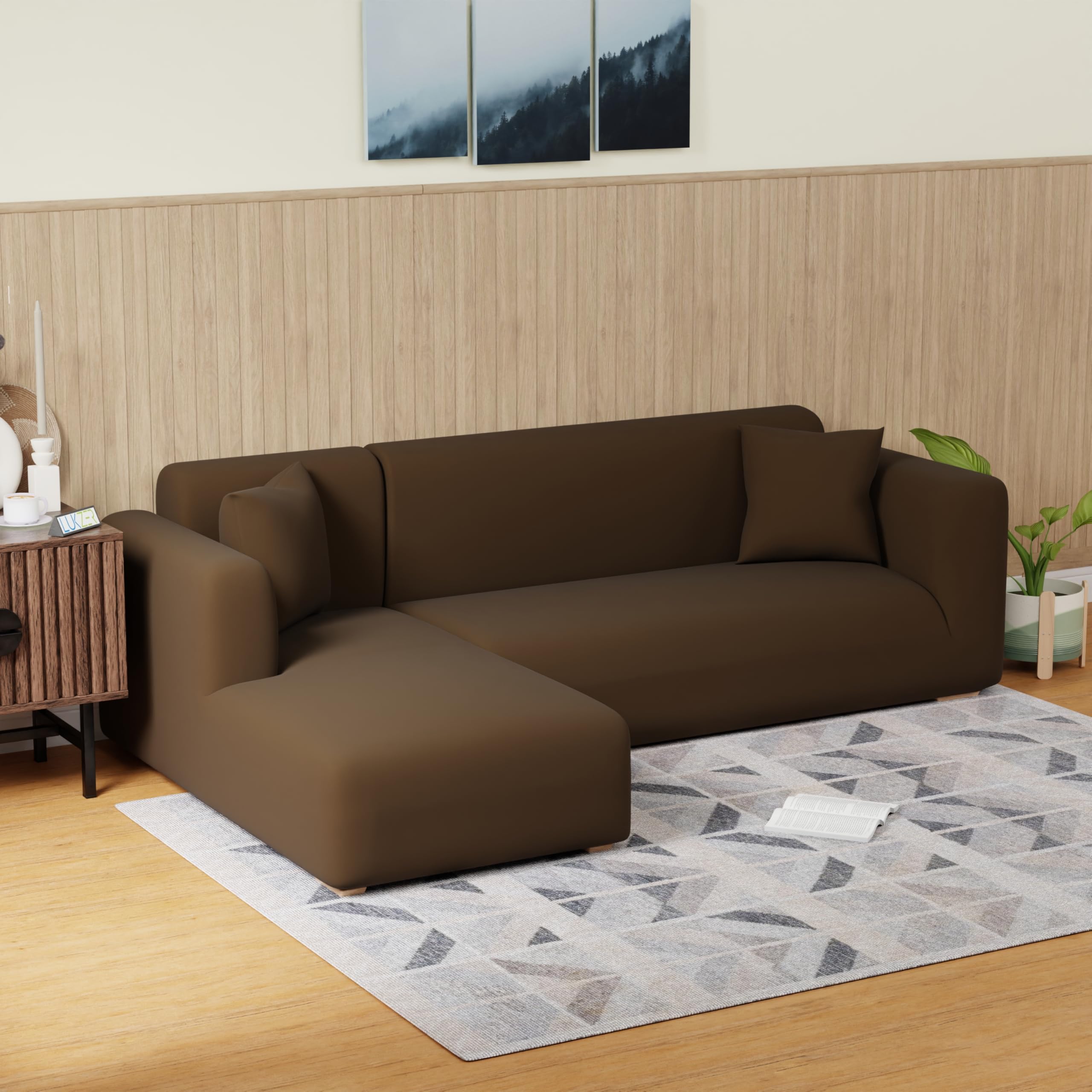 Lukzer L Shape Universal Sectional Anti-Slip Sofa Cover (Plain Brown/ 185cm-230cm) - Left Hand Side (LHS) Elastic Furniture Protector for Living Room-image-16