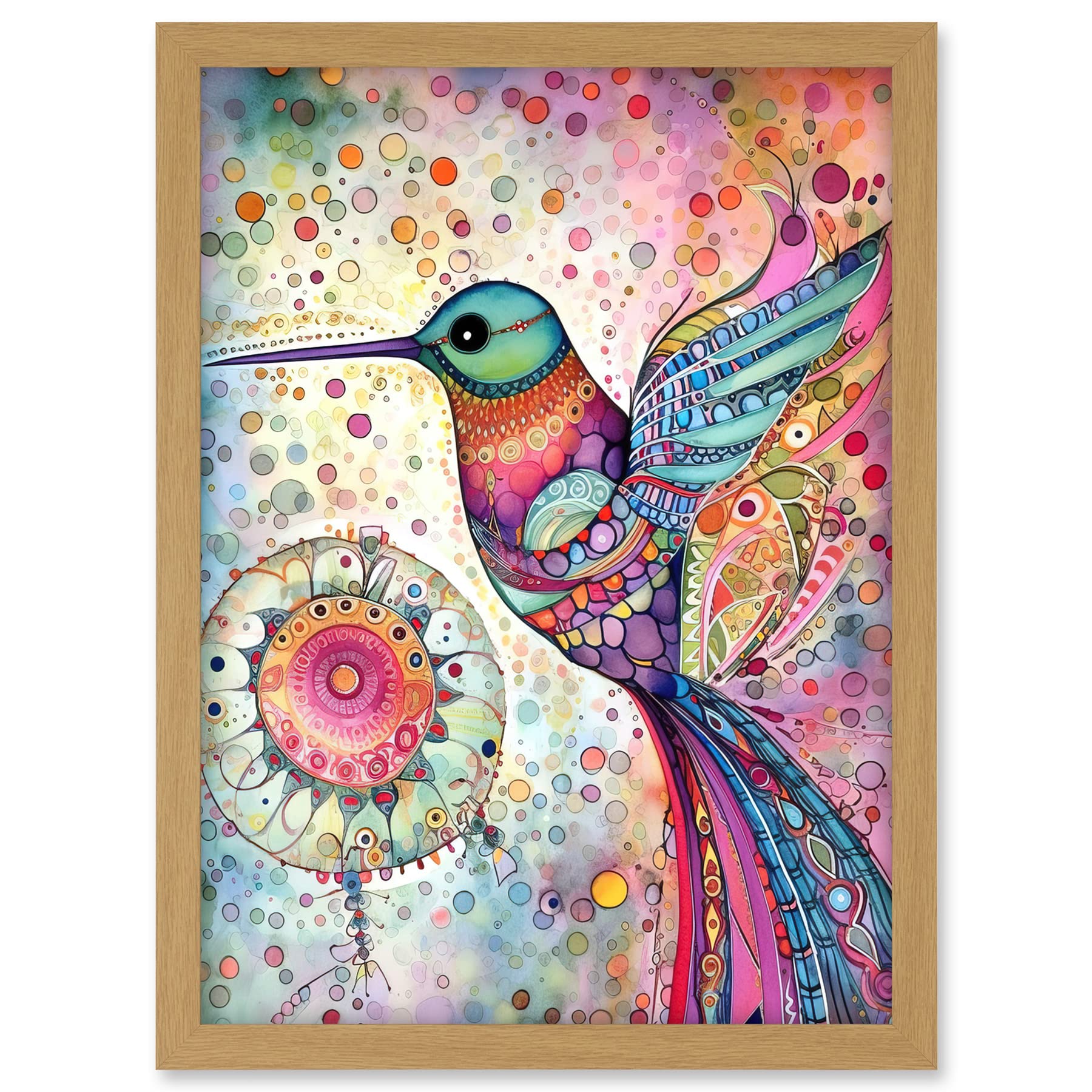 Artery8 Hummingbird With Mandala Patterns Colourful Folk Art Watercolour Painting Artwork Framed A3 Wall Art Print