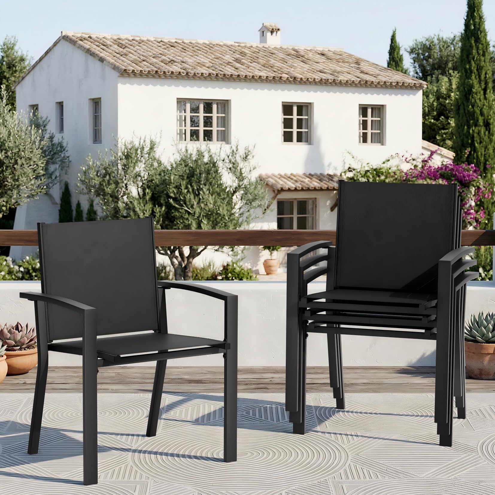 Amopatio 4er Set Gartenstühle Stapelbar mit Armlehnen - Gartenstuhl Hochlehner aus Textilene & Metall, wetterfest & rostbeständig - Komfortabler Gartensessel für Garten, Balkon und Terrasse, Schwarz