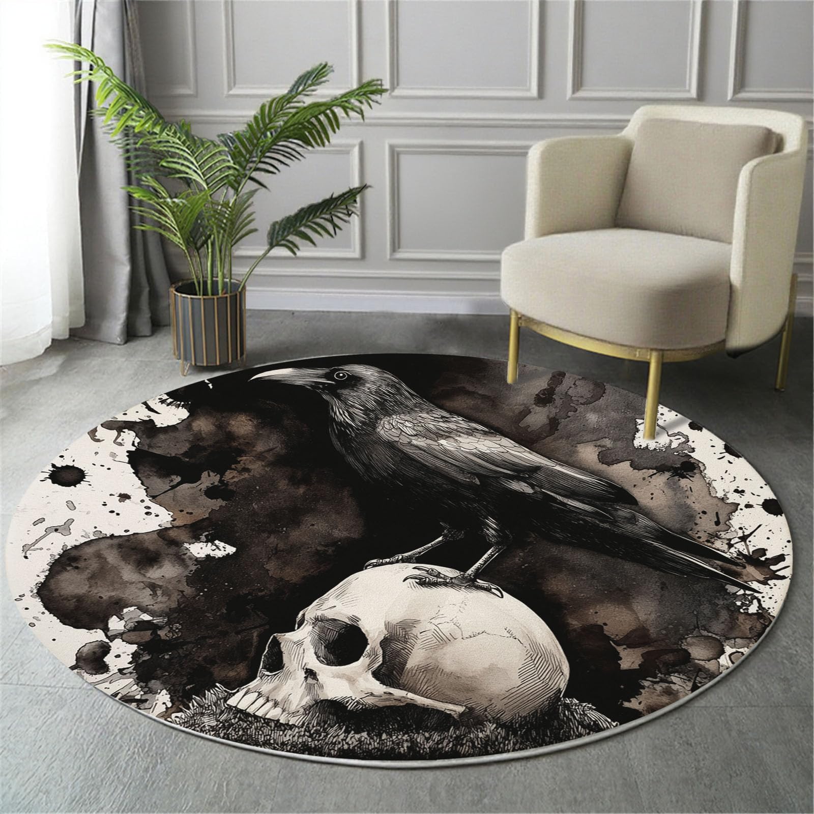 Tapis rond corbeau crâne ancien lavable fini les tapis de salon sales