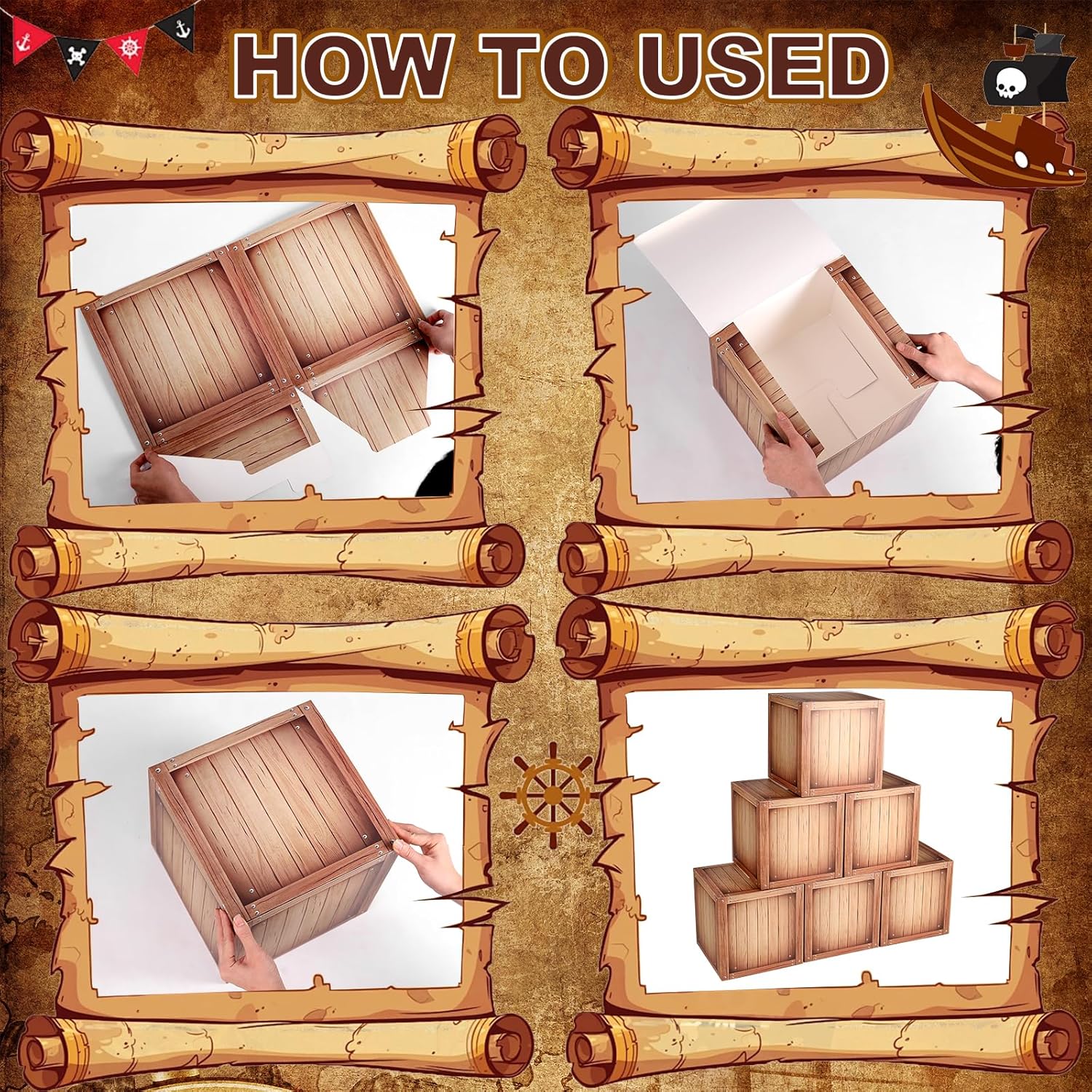 Pirate Party Decorations Wooden Party Box Western Cowboy Party Decorations - Ocean or Pirate Party Favors Adventure Birthday Photo Booth Props, 6 Pack