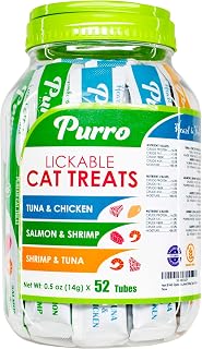 Heart & Field Purro Cat Treats, Squeezable Lickable Variety Pack, Tuna Shrimp, Salmon Shrimp, Tuna Chicken, 52 Count