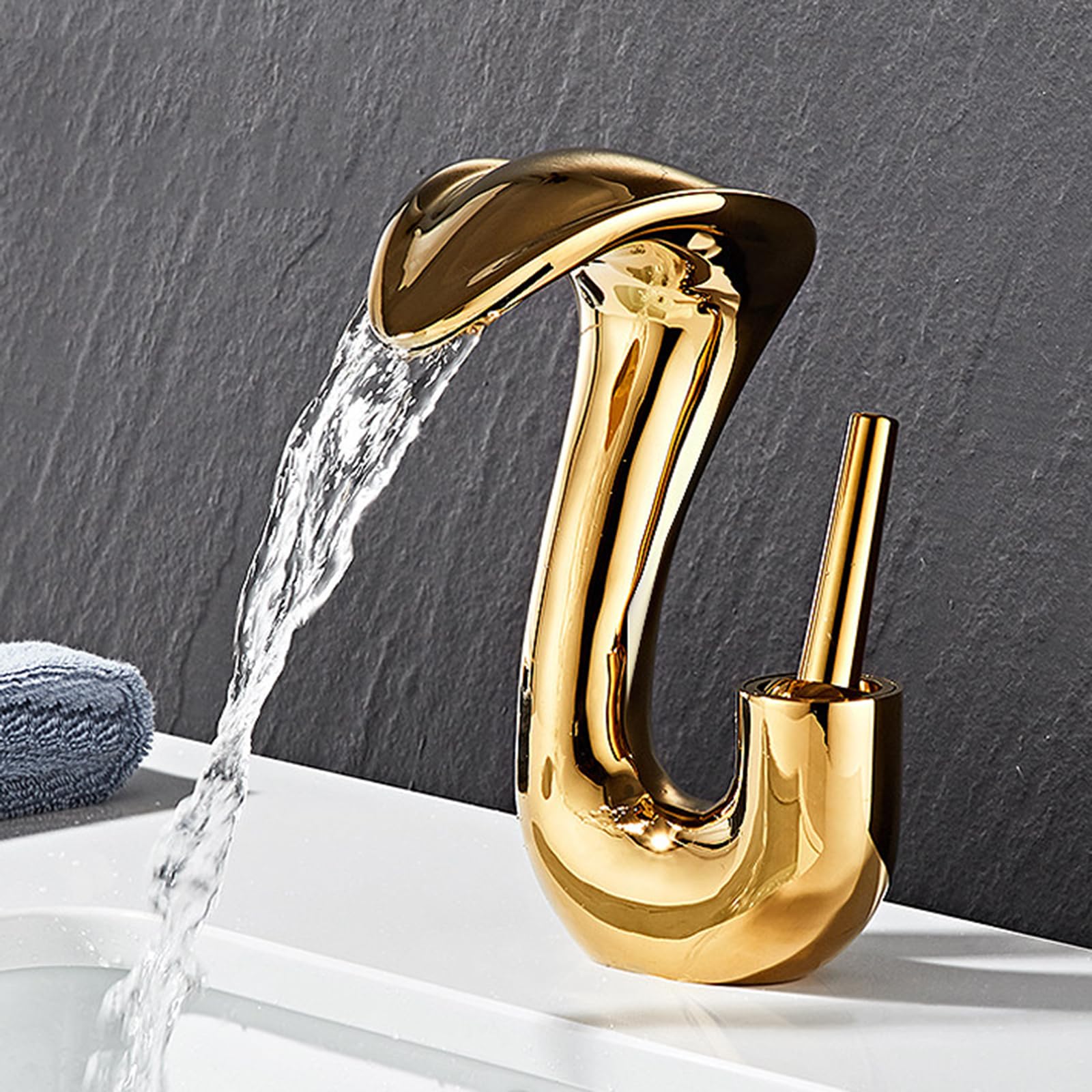 ANVLOJRIH Waterfall Bathroom Basin Mixer Tap, Hot and Cold Brass Modern Bathroom Basin Taps for Washbasins Gold