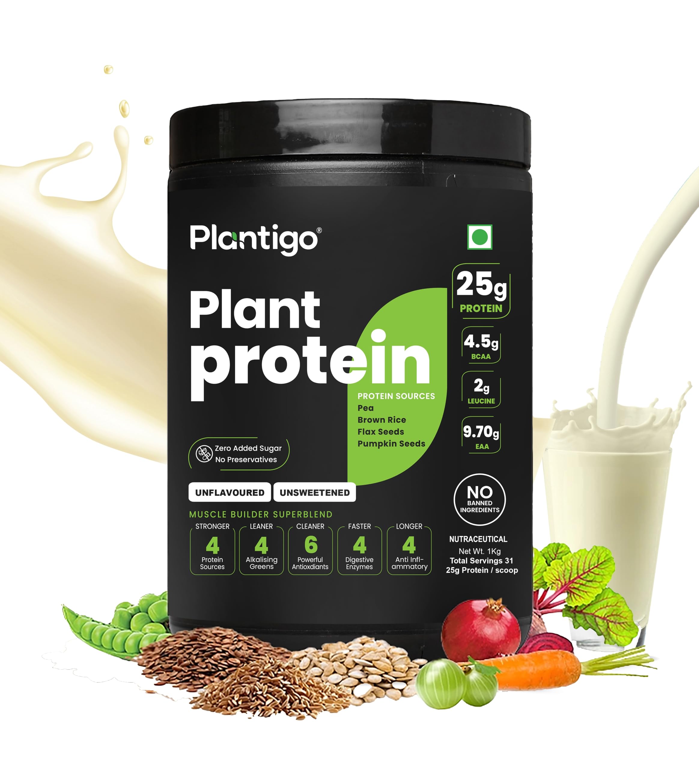 Plantigo Plant Protein Powder 1kg Unflavoured, Unsweetened | 25g Protein, 4.4g BCAA, 2g Leucine, All Amino Acids | No Sugar No Sweetener No Preservatives- Clean Protein Powder for Women, Men, Diabetes