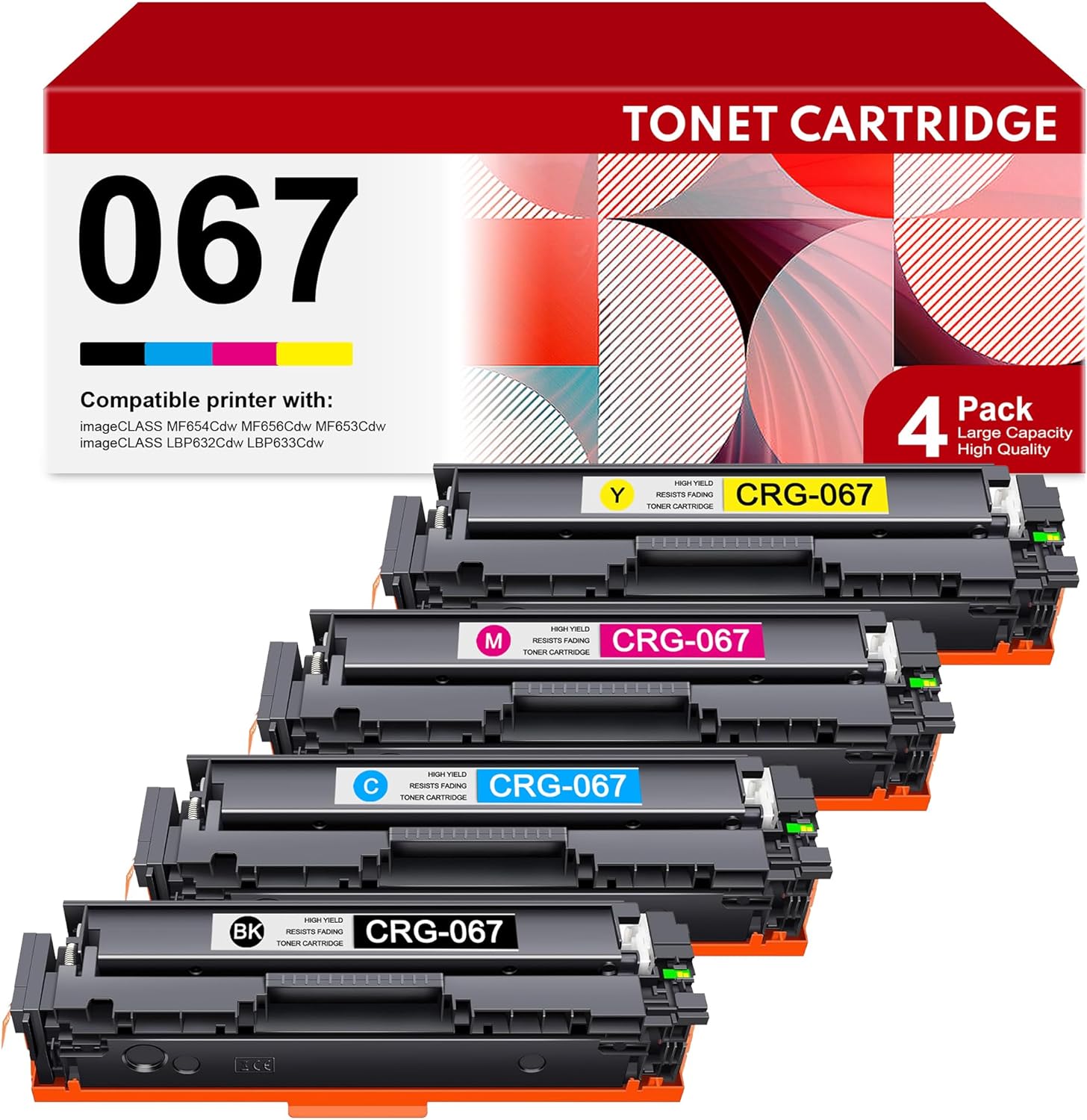 067 Toner Cartridge 4 Pack Replacement for Canon 067H Toner for imageCLASS MF654Cdw MF656Cdw MF653Cdw LBP632Cdw Printer (BK/C/M/Y)