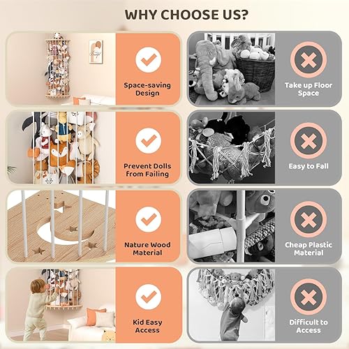 Miniatura 5 de Organizador de juguetes de almacenamiento de animales de peluche, estante de pared de almacenamiento de felpa de esquina de madera con longitud