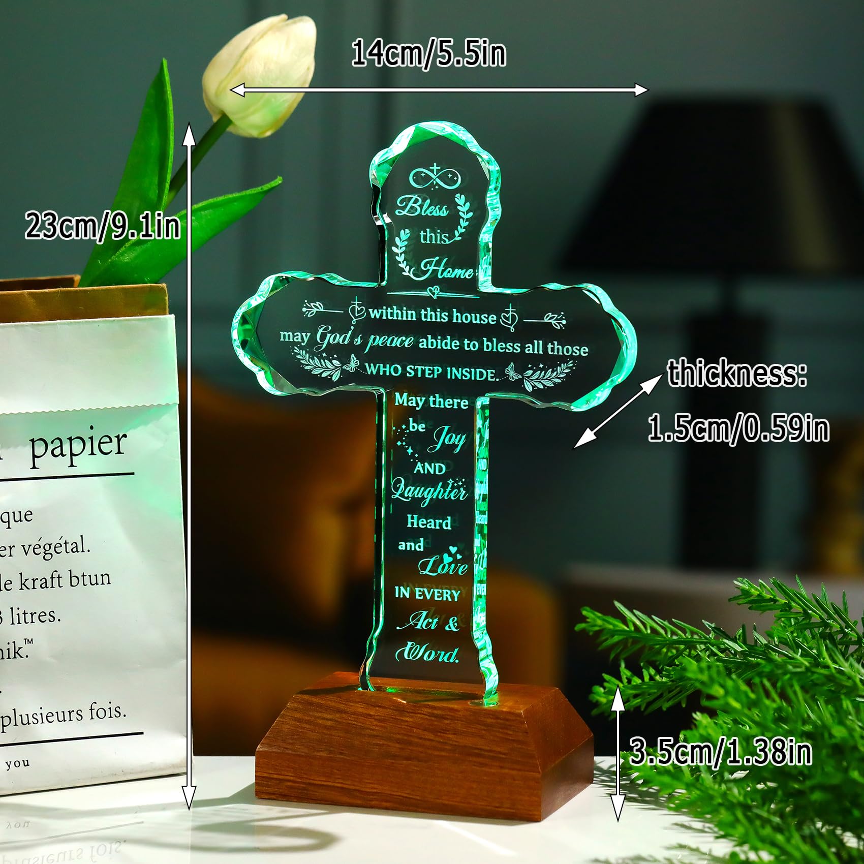 Ornalrist Regalos de inauguración de la casa, cruz de cristal con base LED colorida, bendición religiosa de inauguración de la casa, ideas de regalo para nuevos propietarios de viviendas, mujeres y
