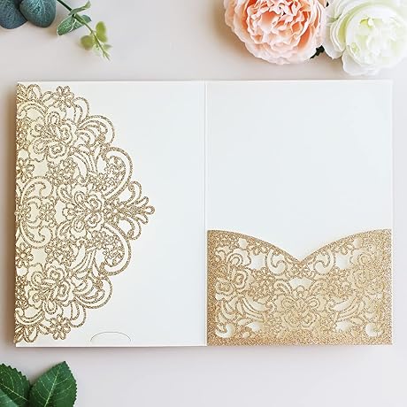 Hosmsua 50PCS Elegance Gold Laser Cut Lace Flora Wedding Invitation Pockets