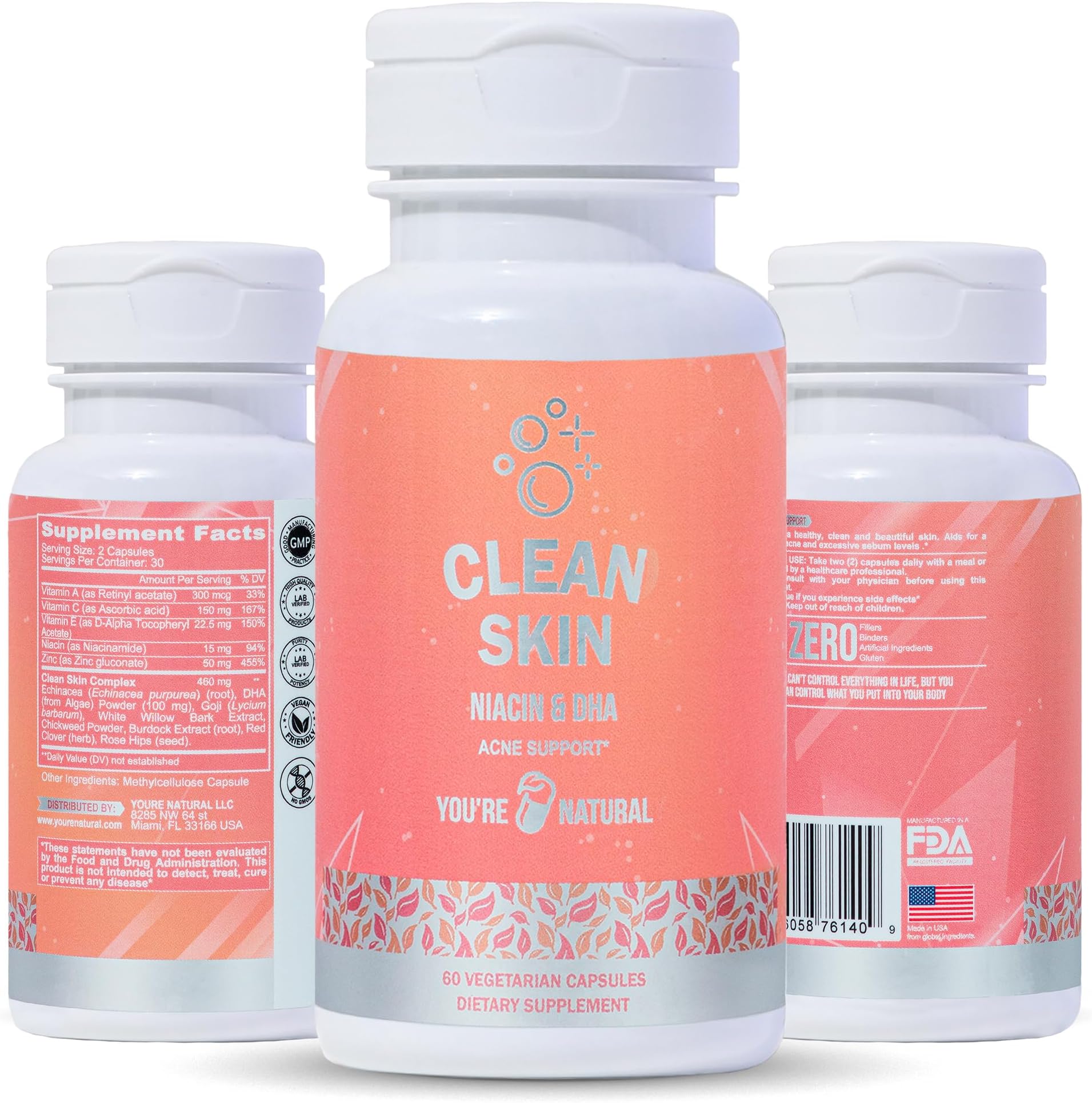 Clean Skin Supplement | Acne Support | Skin Support Vitamins for Women, Men & Teens, Vitamin A, Zinc, DHA, Vitamin B3, Vitamin C, Vitamin E - Gluten Free - Made in USA - 60 Capsules