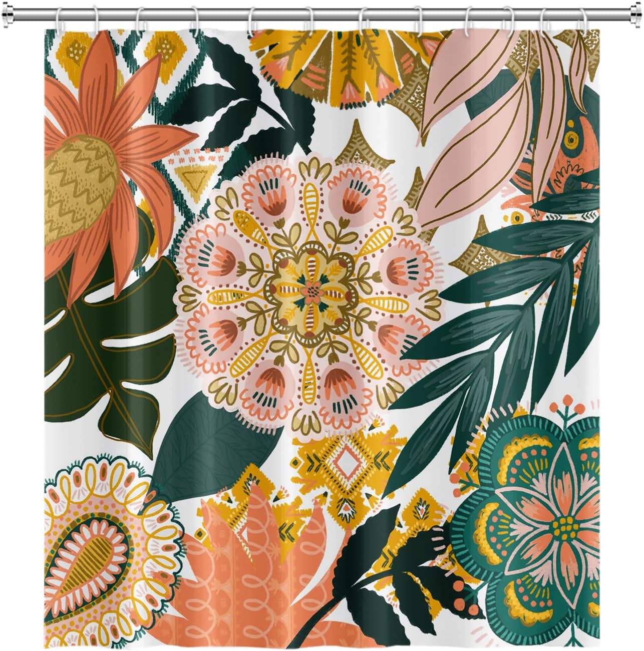 Bohemian Floral Bathroom Boho Abstract Tropical Leaves Flowers Shower Curtain with Hooks, Polyester Waterproof Fabric Paisley Unique Trendy Woman Shower Decor, 72x84 Inch