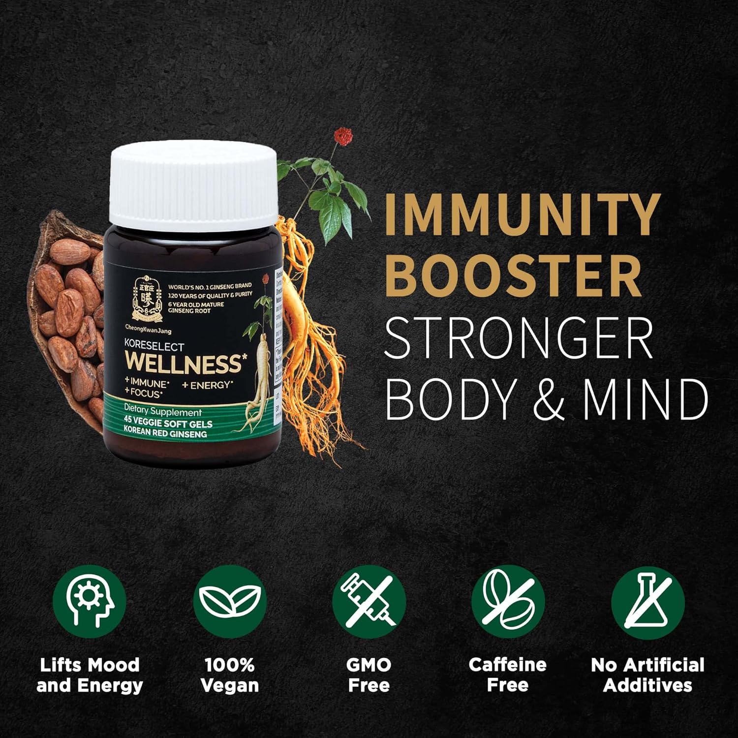 KORESELECT Wellness - Boost Circulation 100% Vegan, Korean Red Panax Ginseng Extract, Dietary Herbal Supplement for Men & Women, Immune System - 45 Softgels Pills : Health & Household
