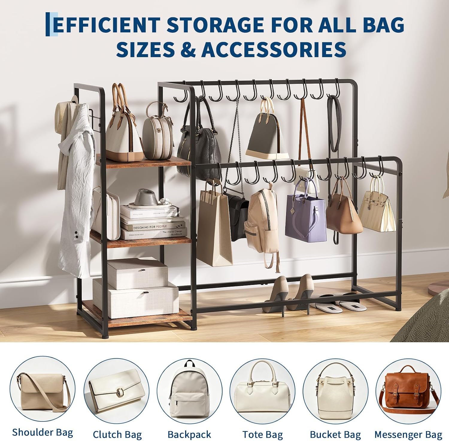 Purse Organizer Rack for Closet, 3-Tier Purse Storage Shelf with 20 Hanger, 3 Side Hooks & Movable Wheels, Large Wooden Handbag Organizer Stand for Bedroom, Cloakroom, Entryway, Dressing Room, Black