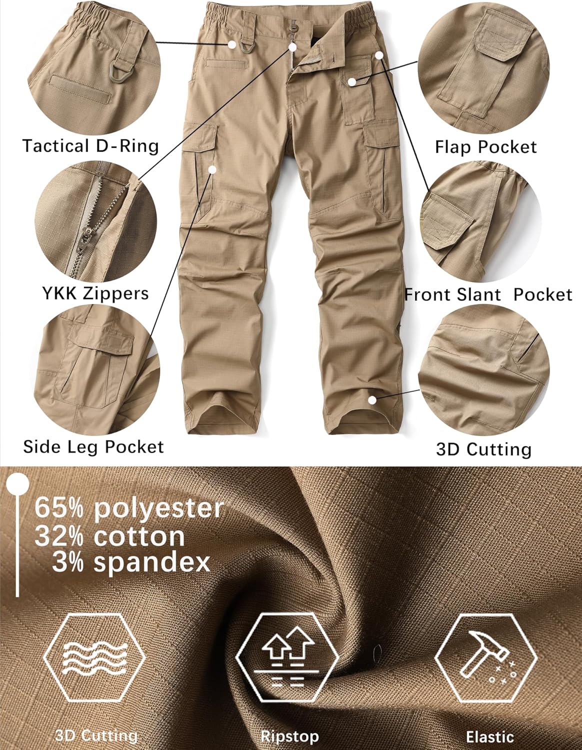 Men's Tactical Stretch Rispstop Cargo Work Pants for Men Lightweight Water Resistant Hiking with 8 Pockets - Image 5