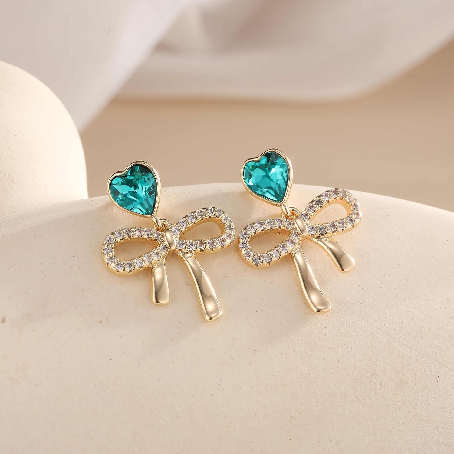 Austrian Crystal Heart Ribbon Bow Dangle Drop Earrings for Women 14K Gold Plated Hypoallergenic Jewelry - Image 3